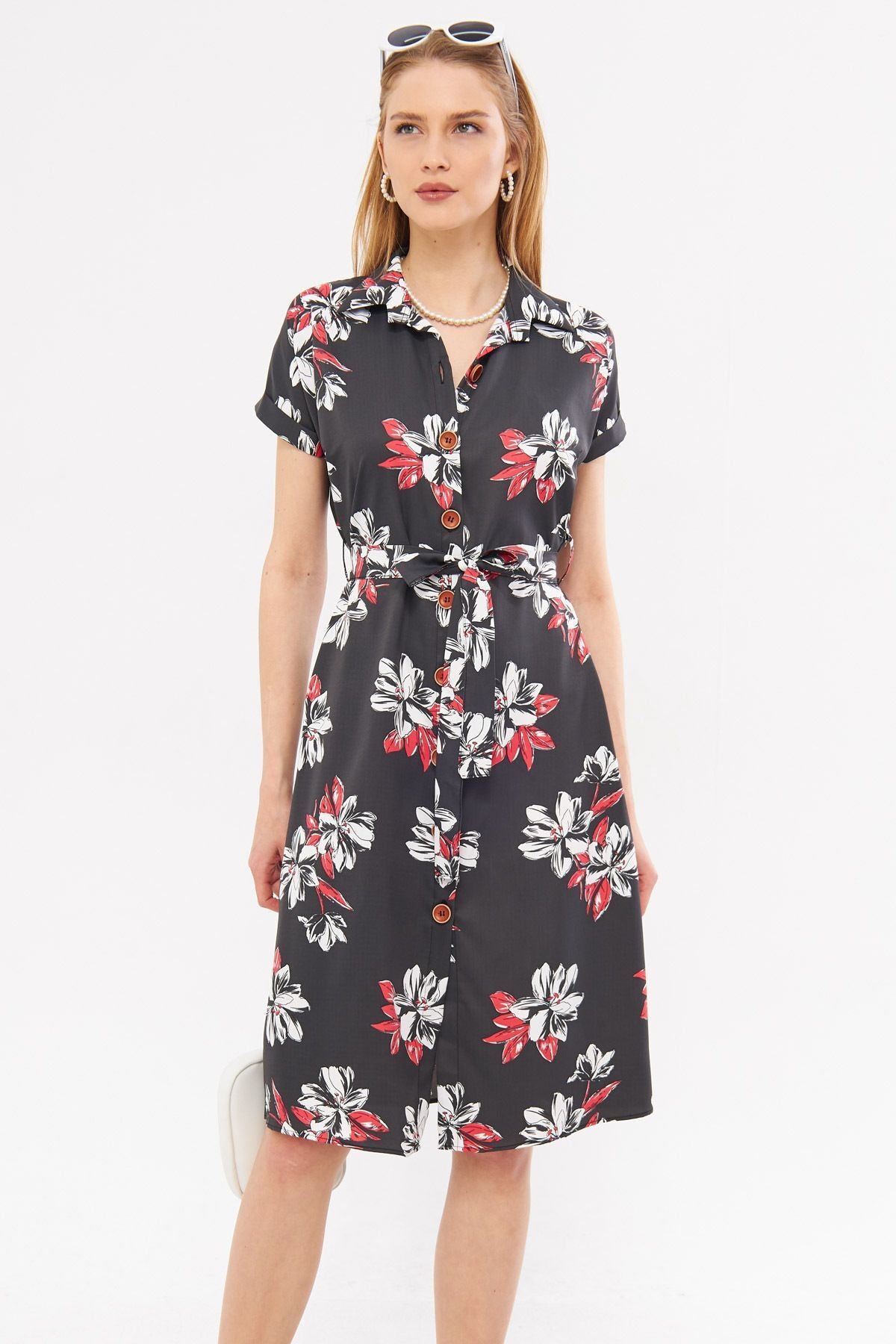 Woman anthracite Large Flower Waist Belt Short Sleeve Shirt Dress ARM-221007