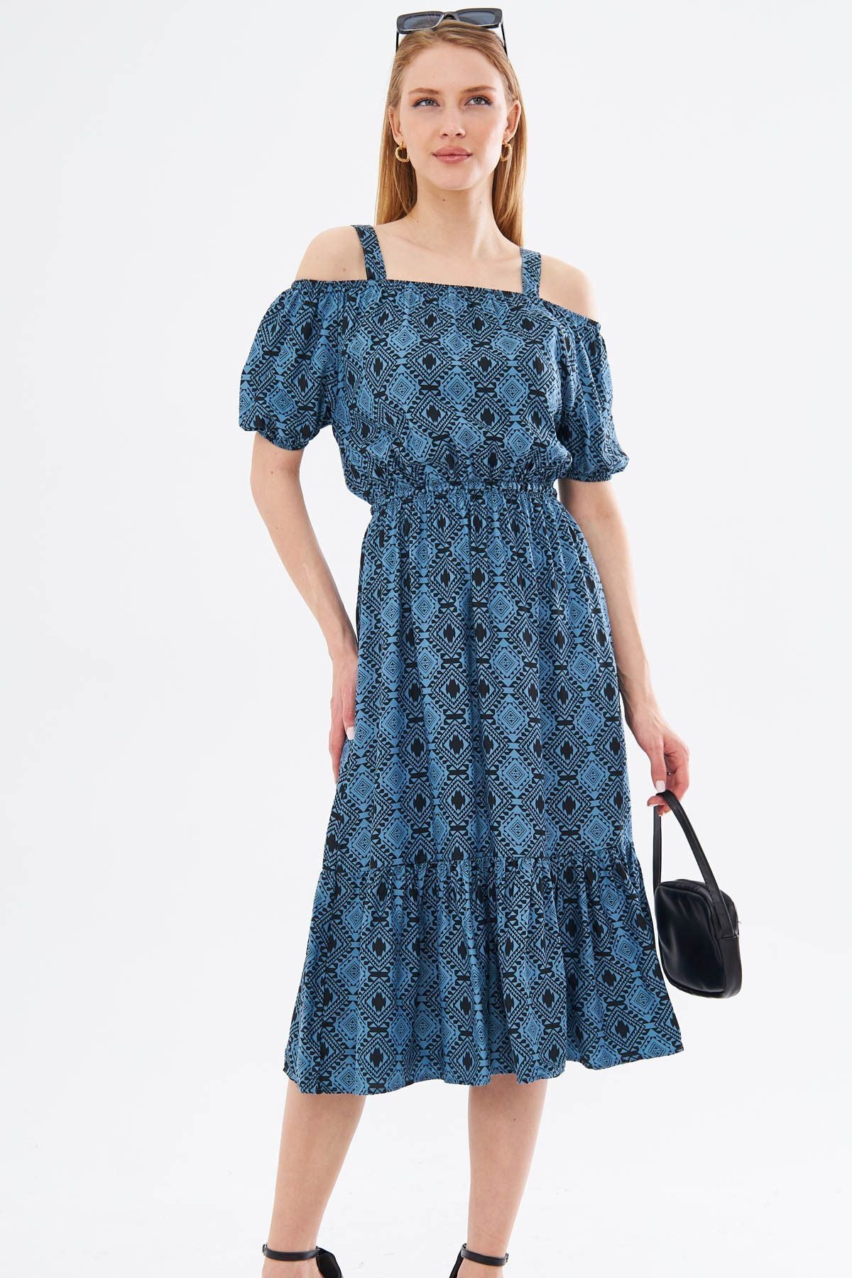 Woman Blue Patterned Waist Waist Hanger Dress ARM-23Y001053