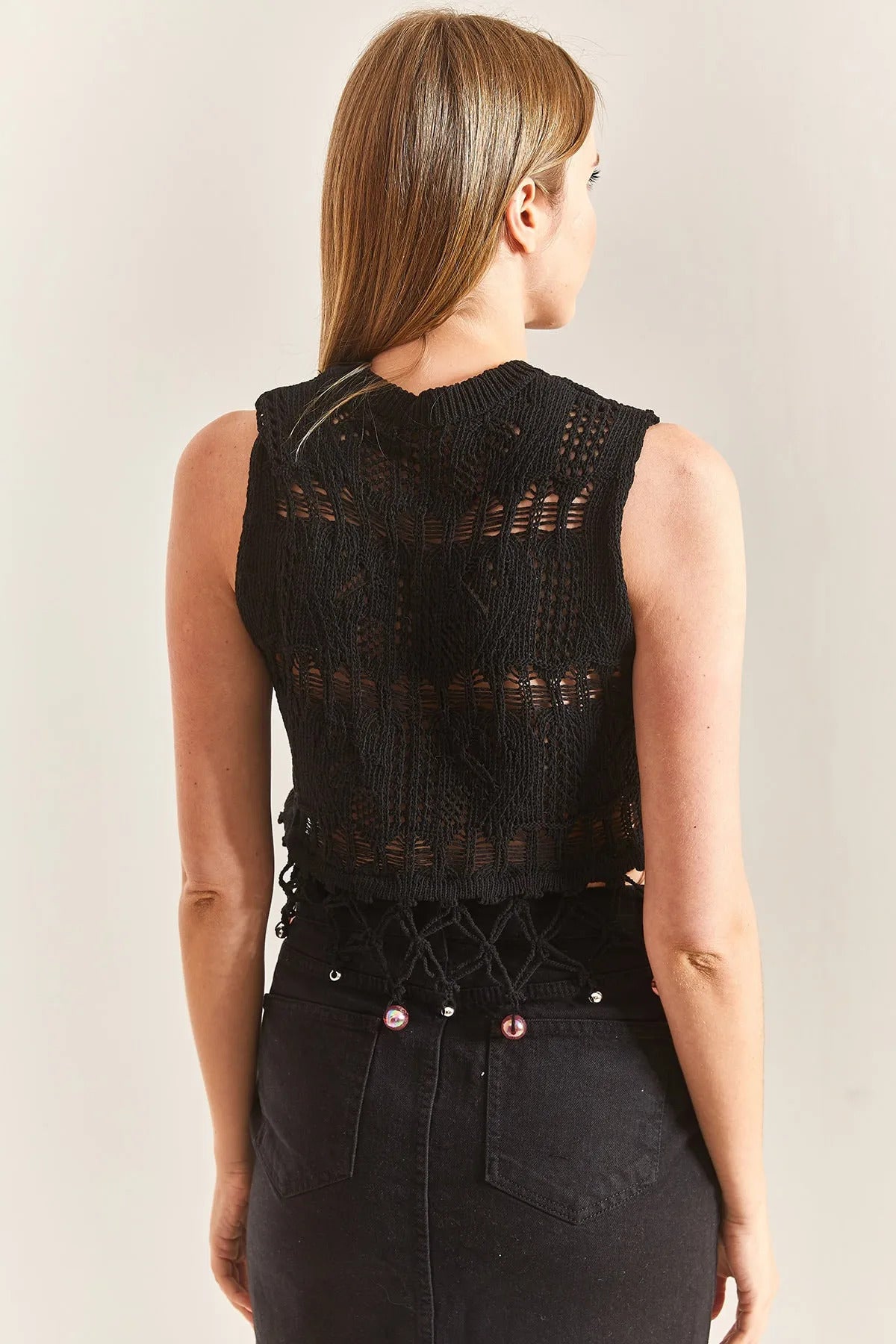 Women's Crew Neck Fringed Stone Embroidered Openwork Crop Knitwear Blouse 60261506