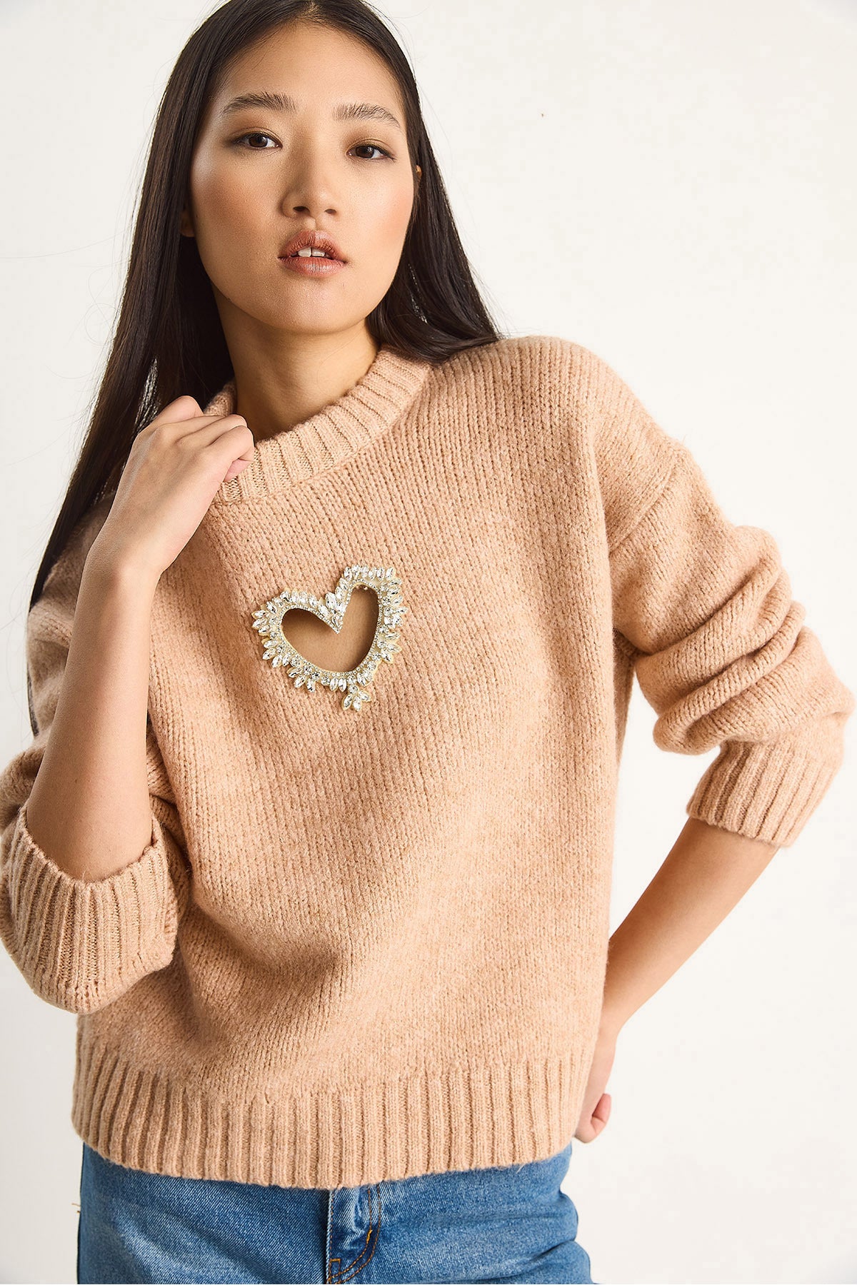 Women's Heart Detailed Stone Embroidered Knitwear Sweater 60261249