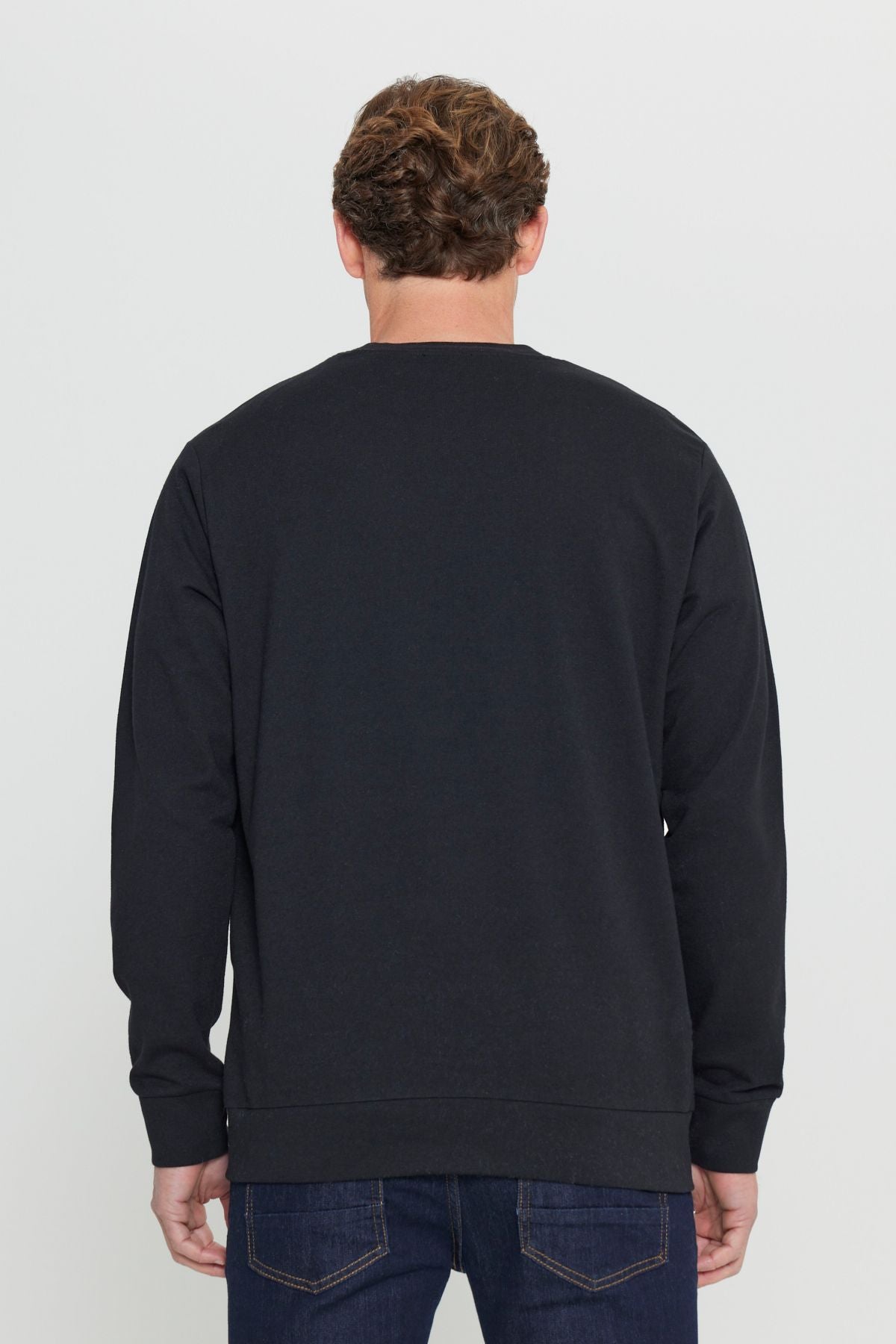 Men's Black Standard Fit Normal Cutting 2 Yarn Cotton Bicycle Collar Sweatshirt