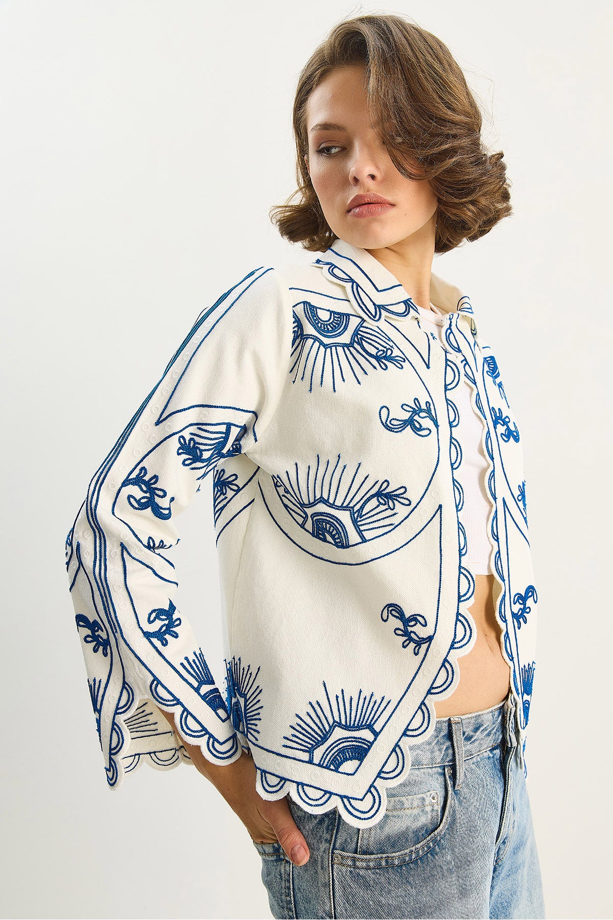 Women's Collared Embroidery Detailed 100% Cotton Jacket 2005 60283699