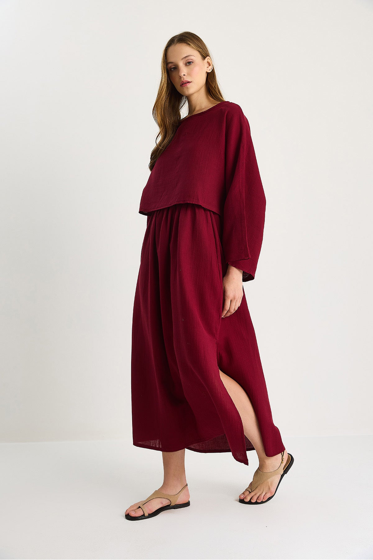 Women's Bat Sleeve Crop Slit Detail Skirt Muslin Suit 9280-1 60283504