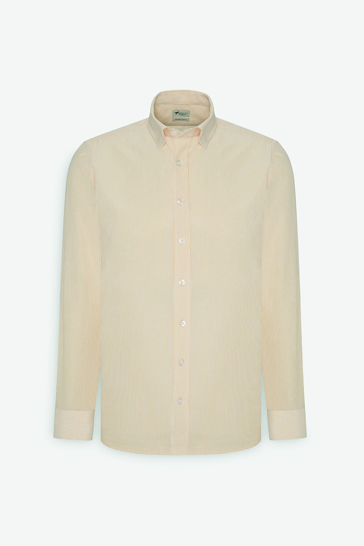 Men's white-yellow slim fit narrow cut hidden buttoned collar cotton striped shirt