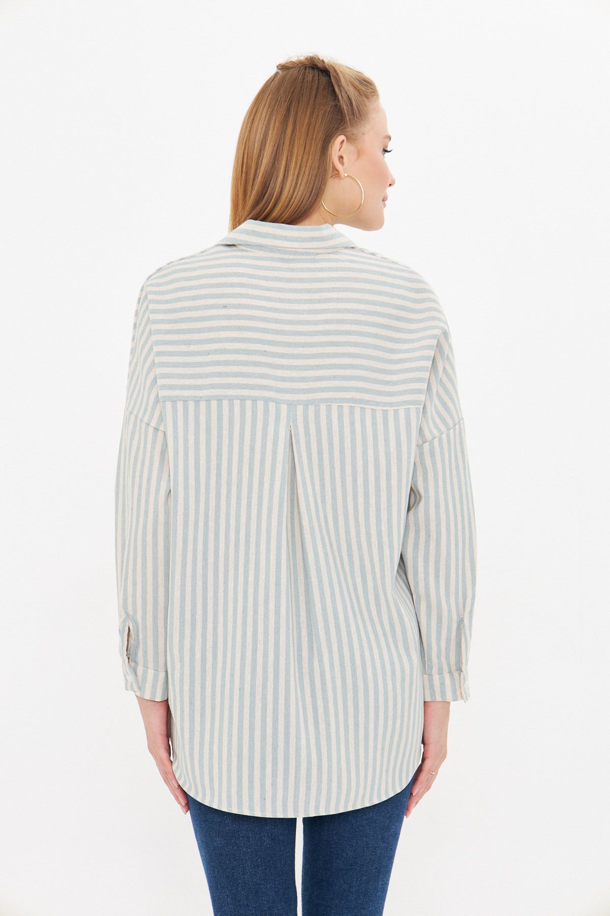 Female Mint Striped Long Sleeve Pocket Detail Pleeled Pleeled Shirt ARM-24Y001057