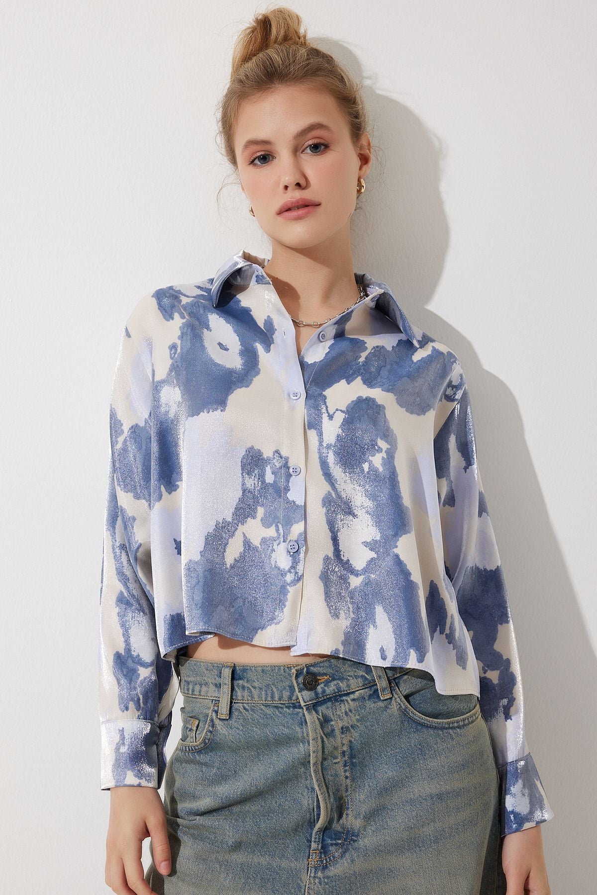 Women's Blue Patterned Satin Surface Short Shirt CR00435