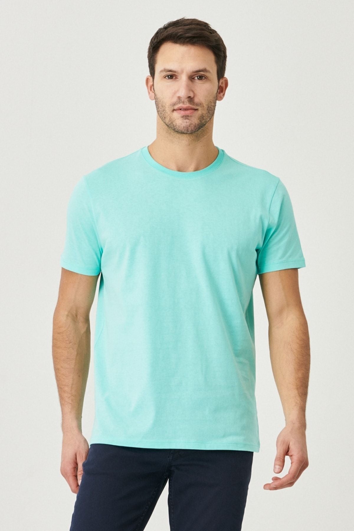 Men's turquoise 100 %cotton slim fit narrow cut bike bike collar basic t -shirt