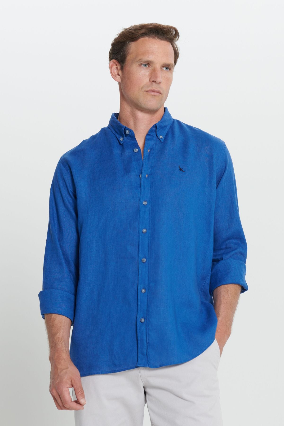 Comfort Fit Casual Cut 100 %Linen Buttoned Neckline Indigo Shirt