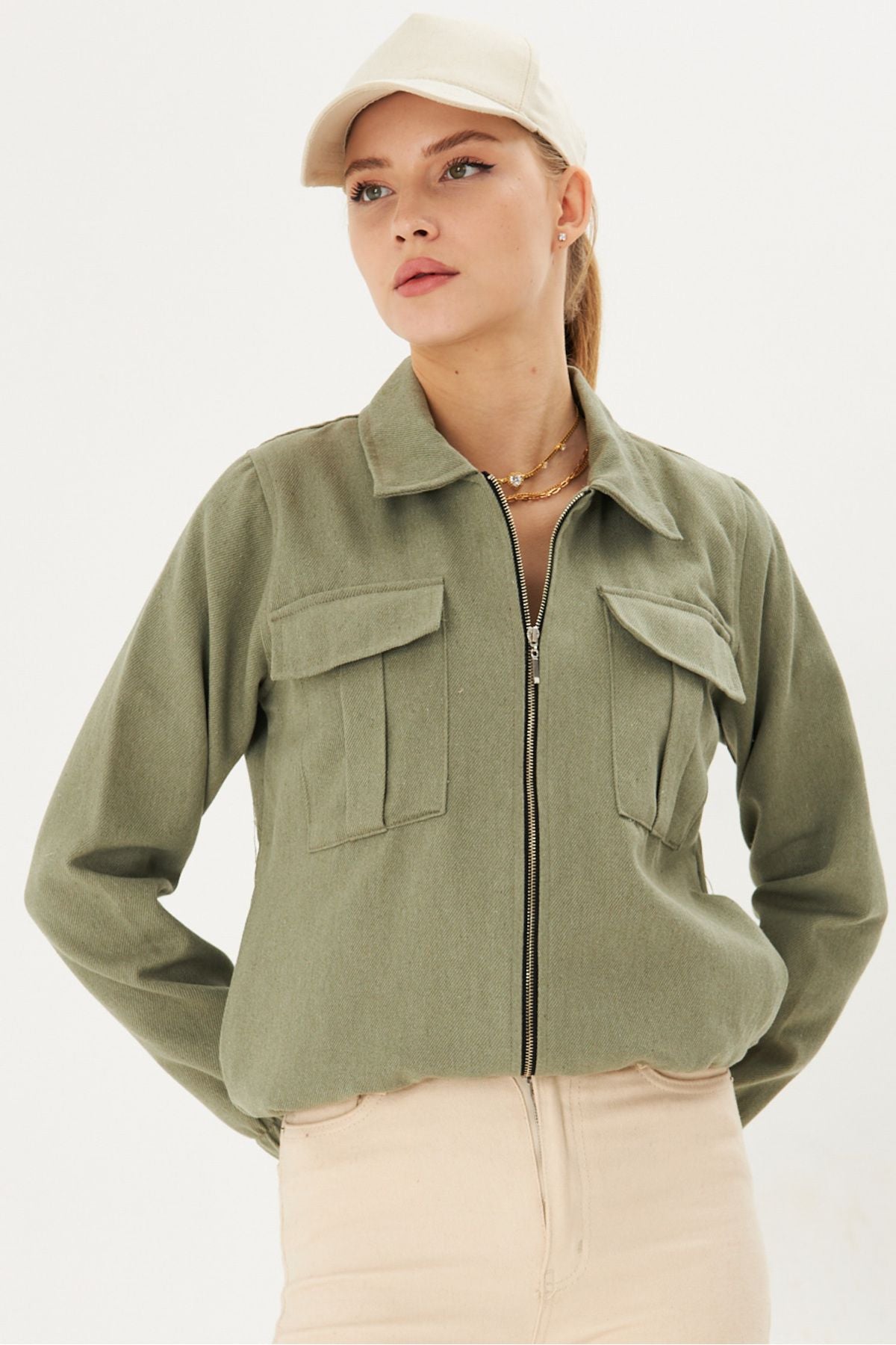 Female Khaki shirt collar front zipper chest pocket detailed waist tire jacket ARM-25K001055