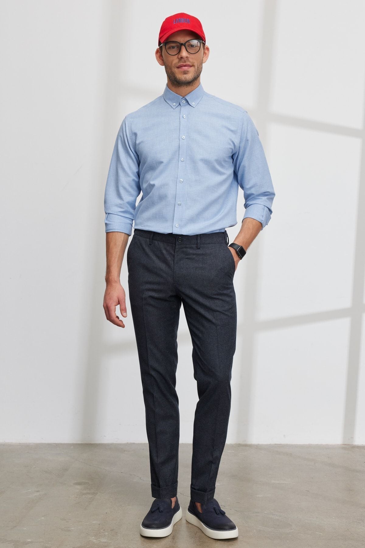 Men's navy blue slim fit narrow cutting side pocket waist waist rubber patterned pants
