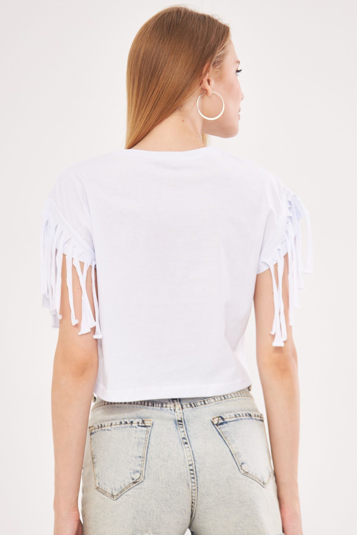 Female white arms tassel overwheeling Crop t-shirt ARM-24Y024019