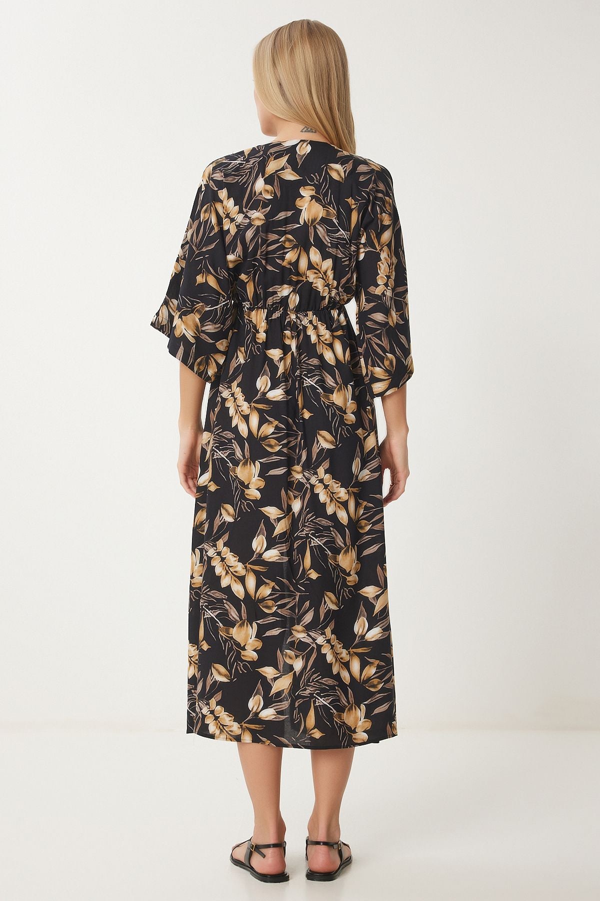 Female Black Beige Anvelop Yaka Patterned Summer Viscose Dress DK00166