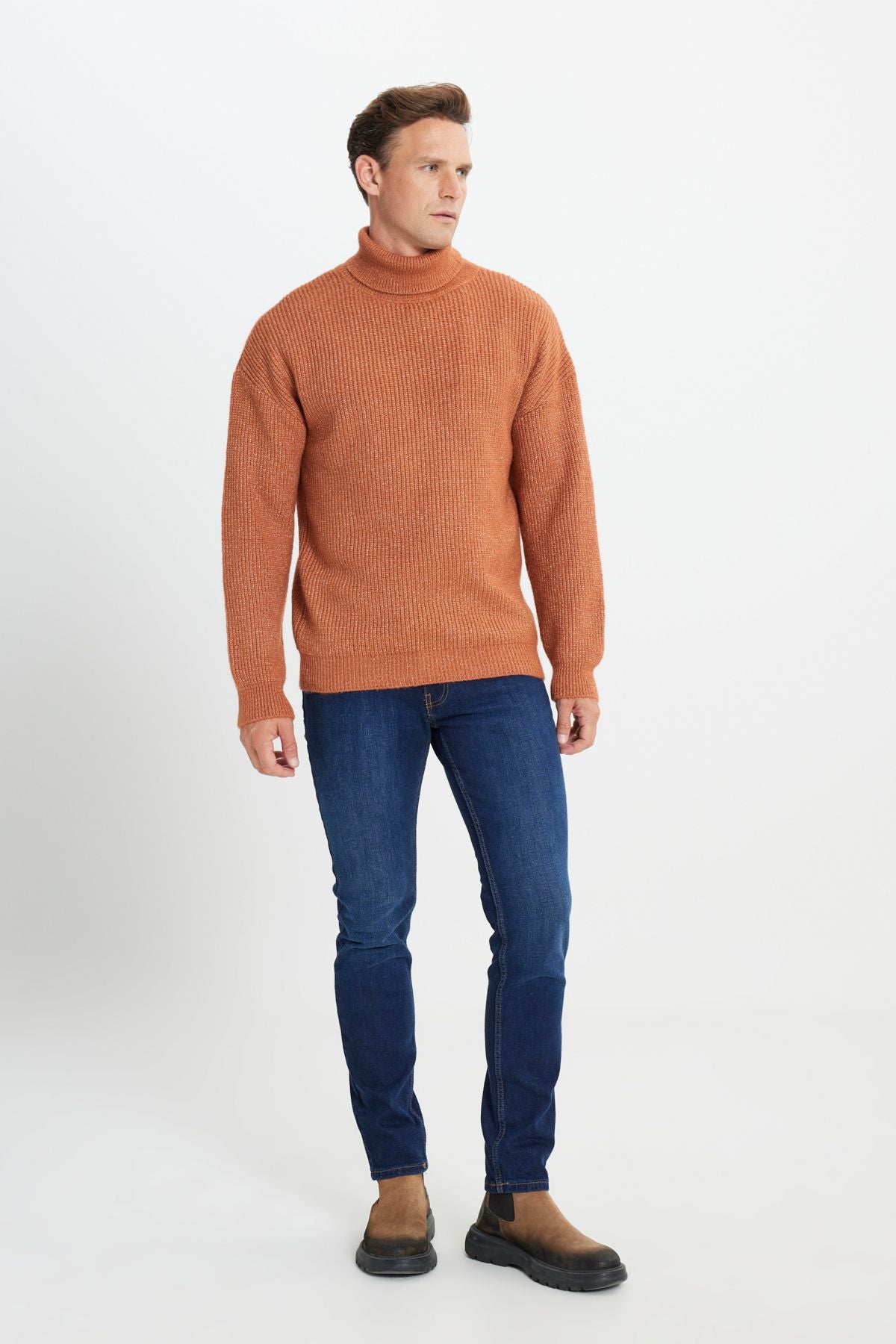 Men's Cinnamon Oversize Plenty of Full Fisherman Collar Patterned Shadon Soft textured knitwear sweater