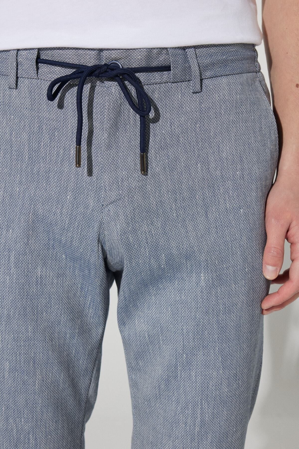 Men's navy blue slim fit narrow -cut linen mixed waist tied jogger pants