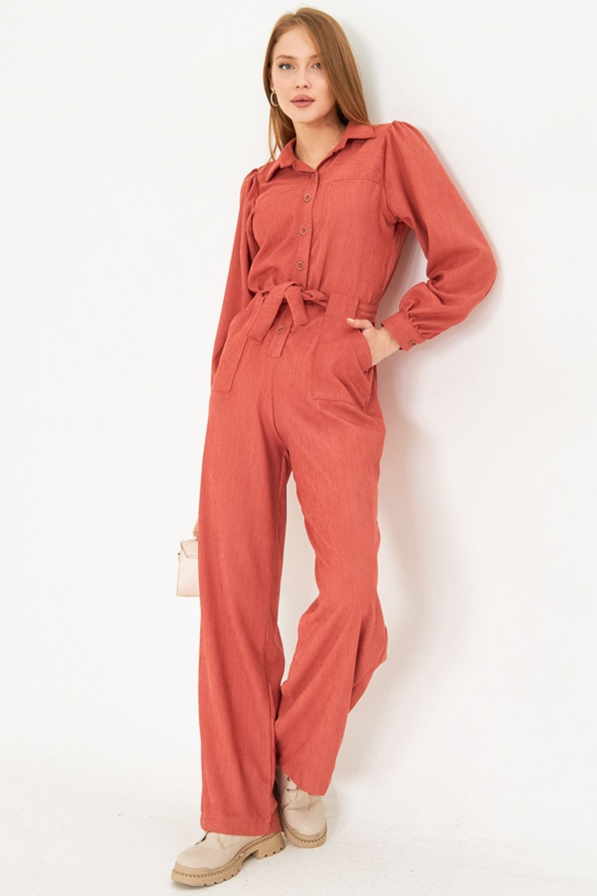 Female salmon with front buttoned pocket belt velvet overalls ARM-25K001084