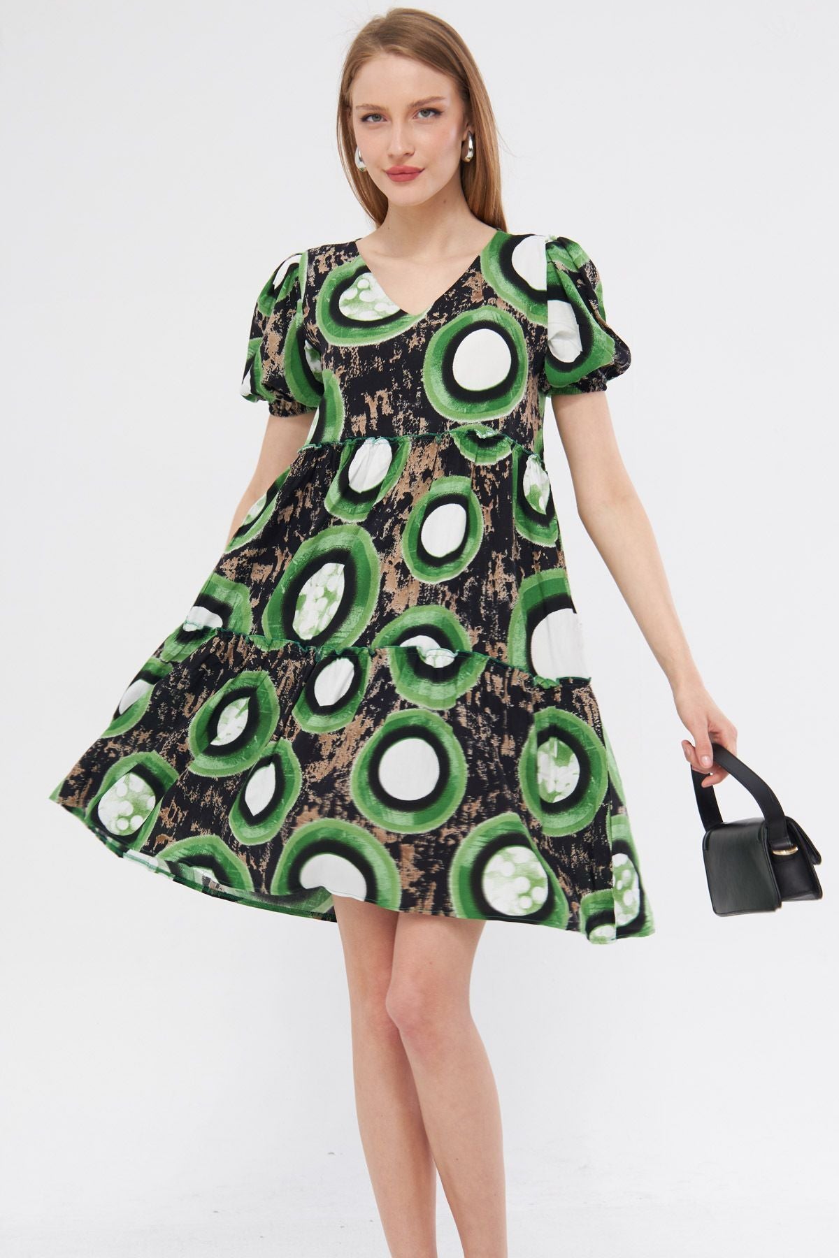 Female peanut green V-neck short arm patterned frilly dress ARM-24Y001014