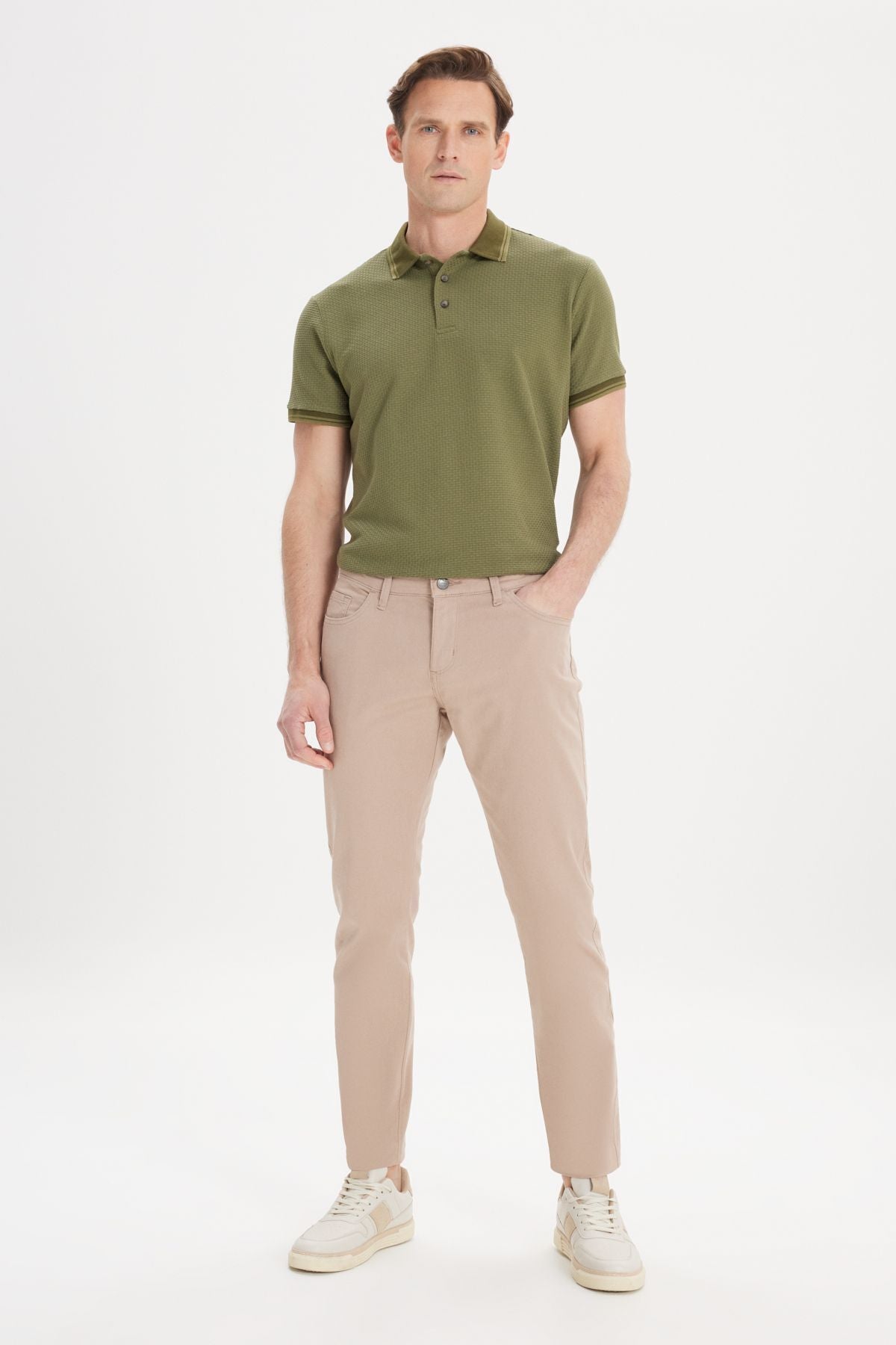 Men's Beige Slim Fit Narrow Cut 5 pocket cotton canvas flexible chino pants