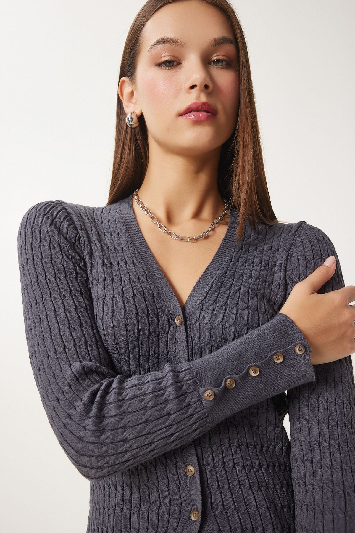 Woman anthracite Thessaloniki knitting detailed knitwear cardigan FN03399