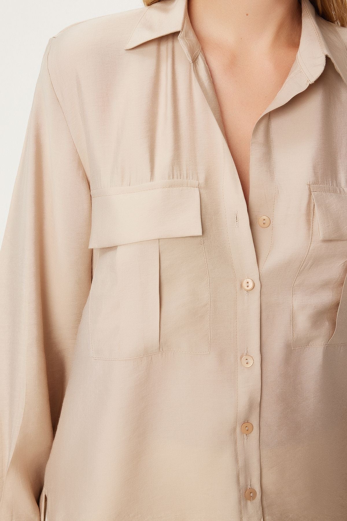 Female Beige Wide Pocket Tensel Shirt FN03243