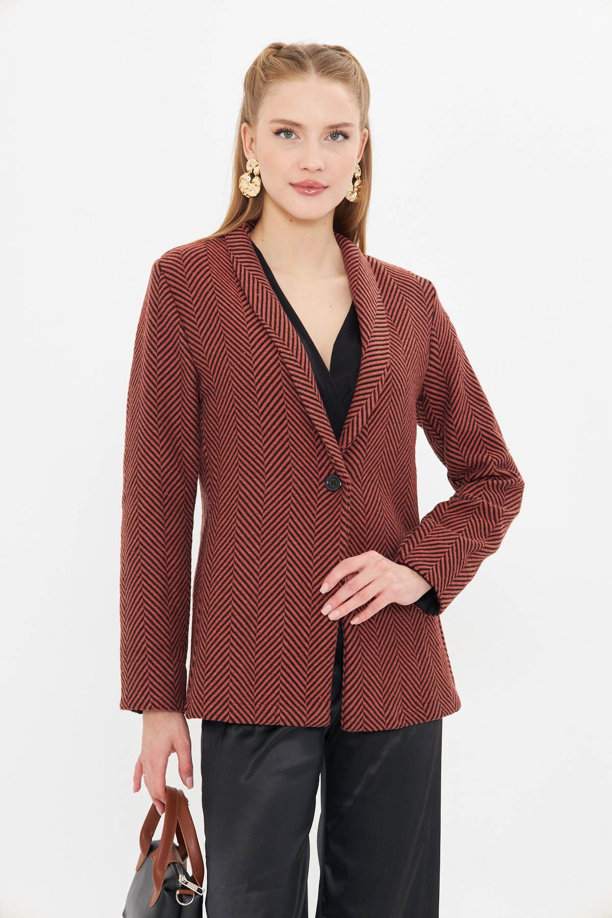Women's Tile Fish Right Pattern Folding Single button with a buttoned stamp jacket ARM-24K001066