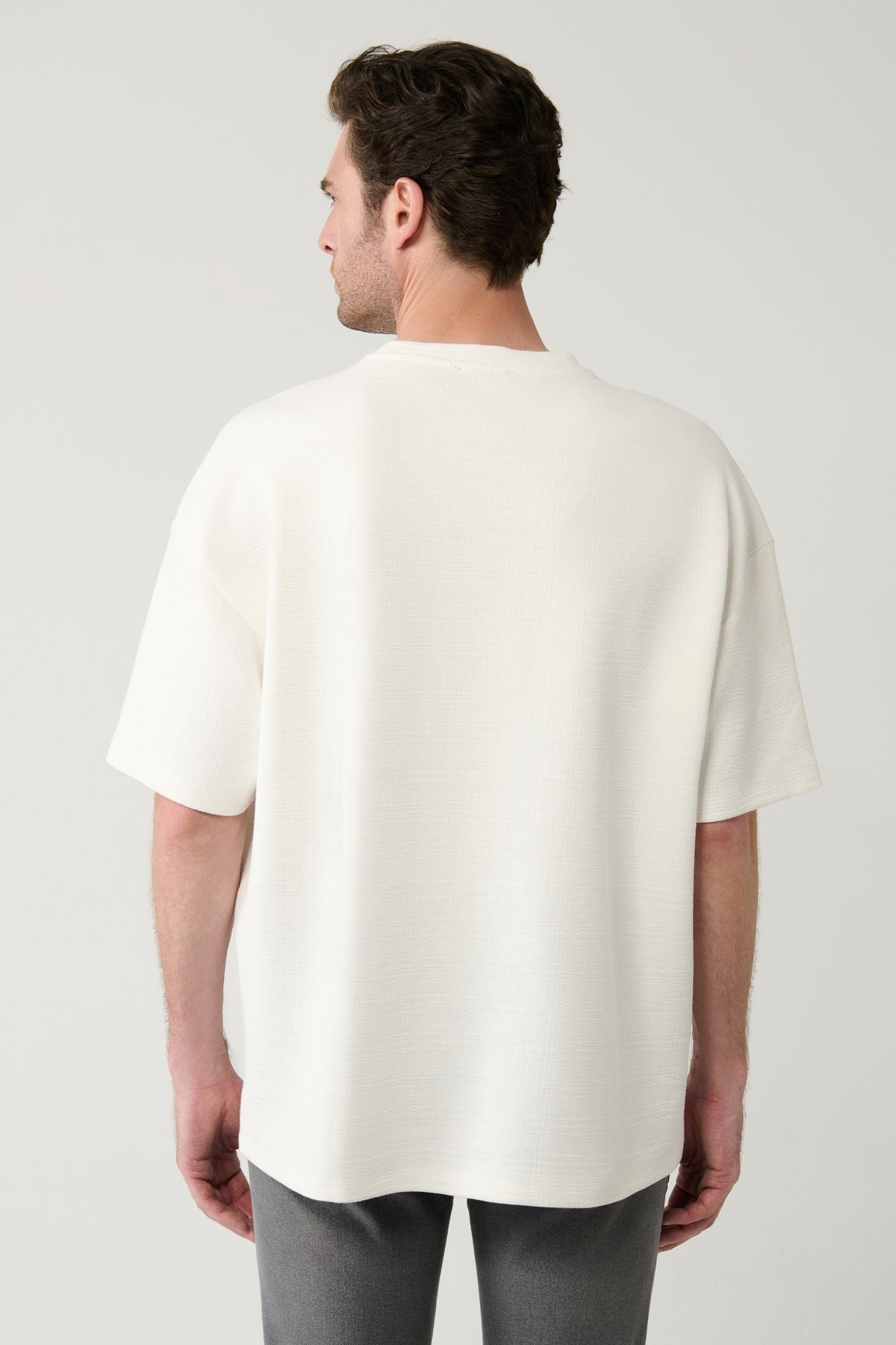 Men's Ecru Bicycle Neck Jacquard Embroidered T-shirt A41y1194