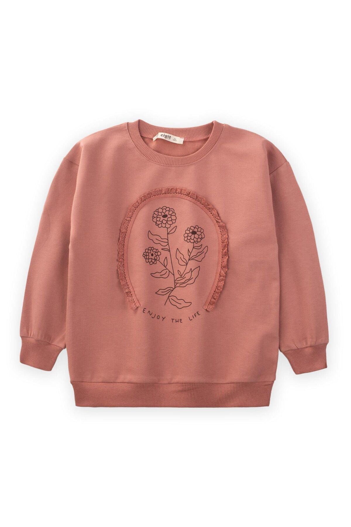 Brode detailed star flower printed girl sweatshirt 3-13 age rose dry