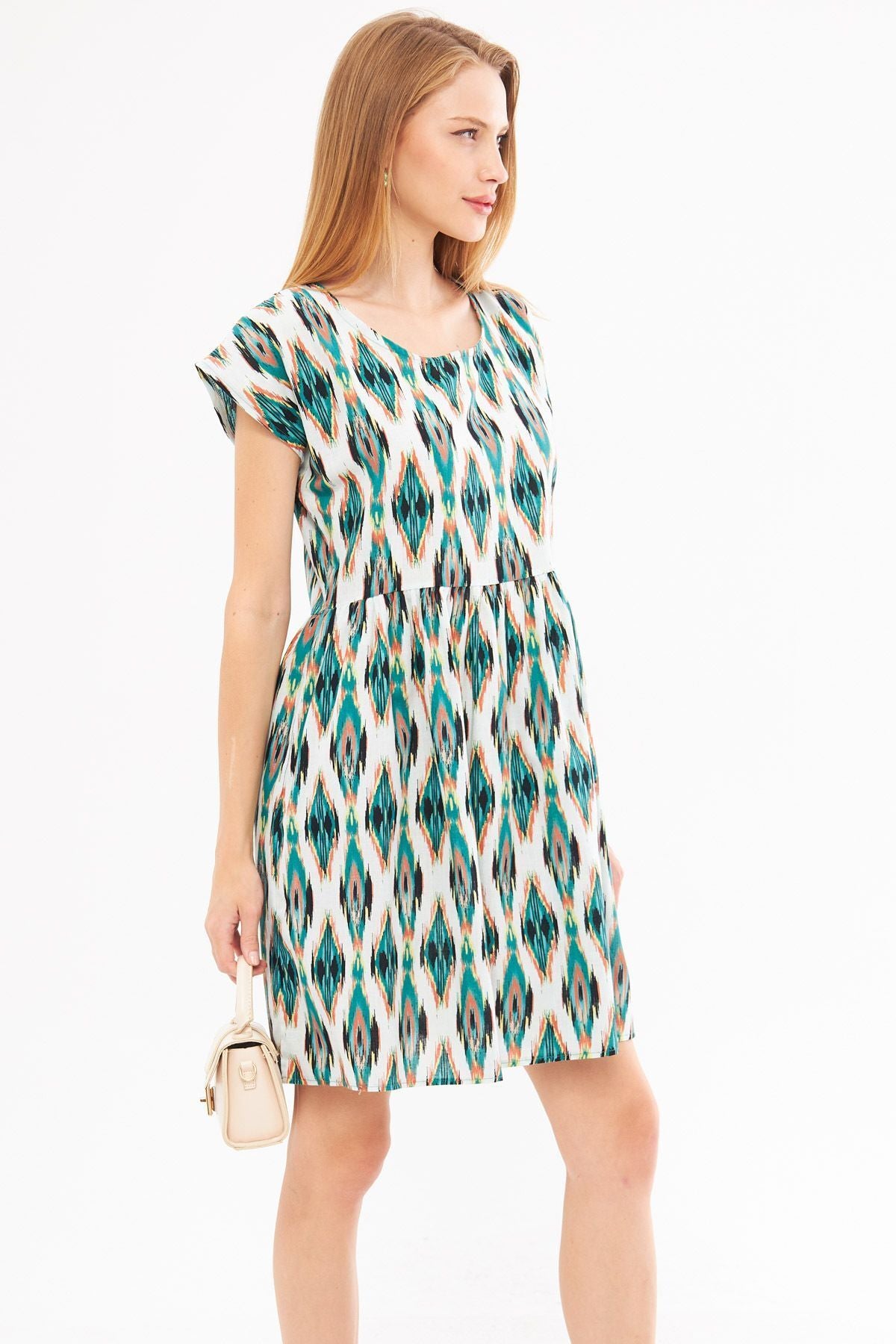 Female Green Ethnic Patterned Waist Shirred Mini Dress ARM-24Y001082