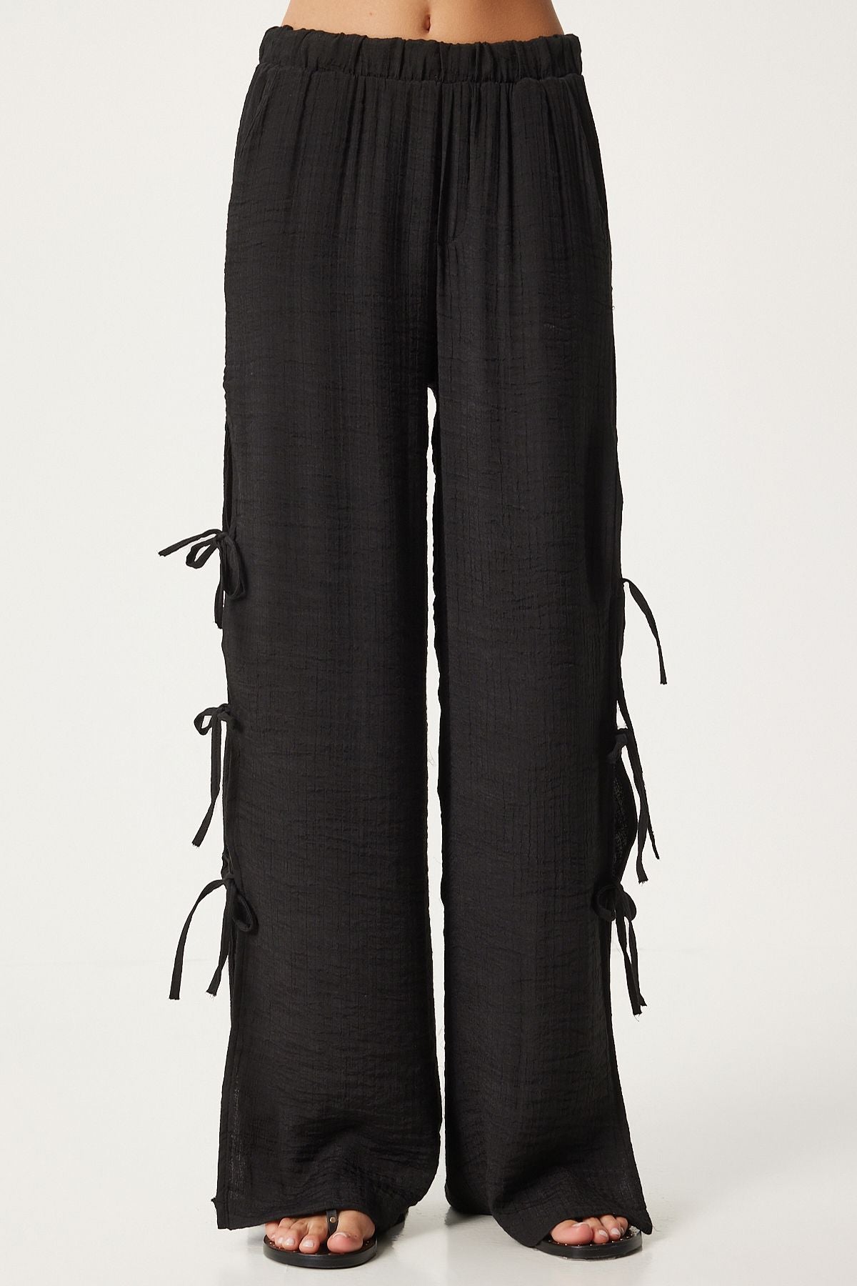 Female Black Bow Slit Flax Pants FN03298
