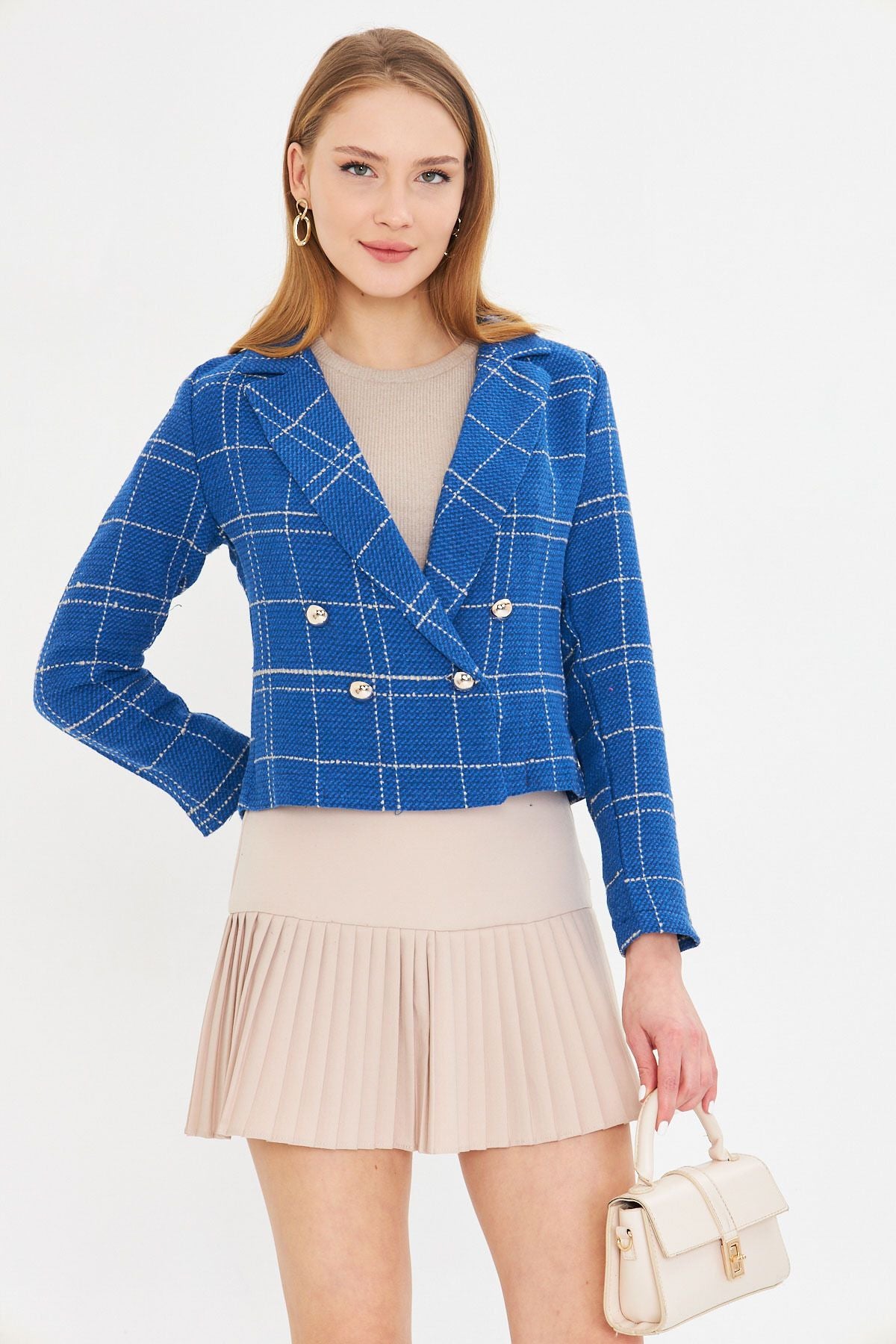 Female Saks-Bej Krovazer collar Tüvit Crop jacket ARM-24K001014