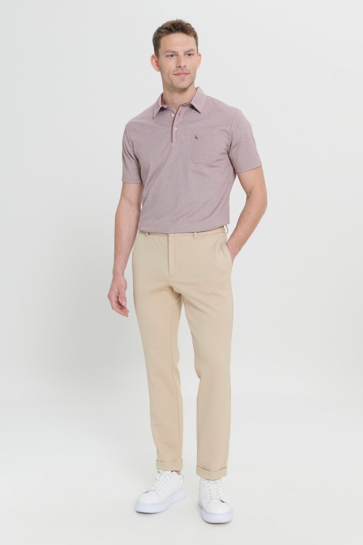 Men's beige 360 degrees stretching in the direction of the slim fit narrow cut knitting pants