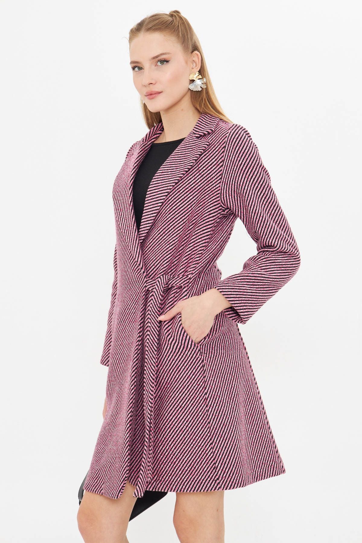 Woman Pink Side Side-Tied Pocket Long Stamp Coat ARM-25K001039