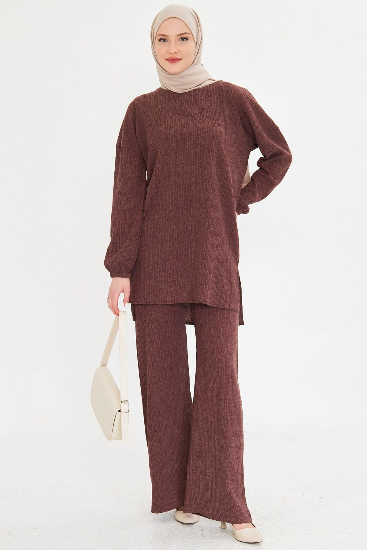 Women's coffee zero collar sleeve tire as well as slit pants hijab double set ARM-25K001109