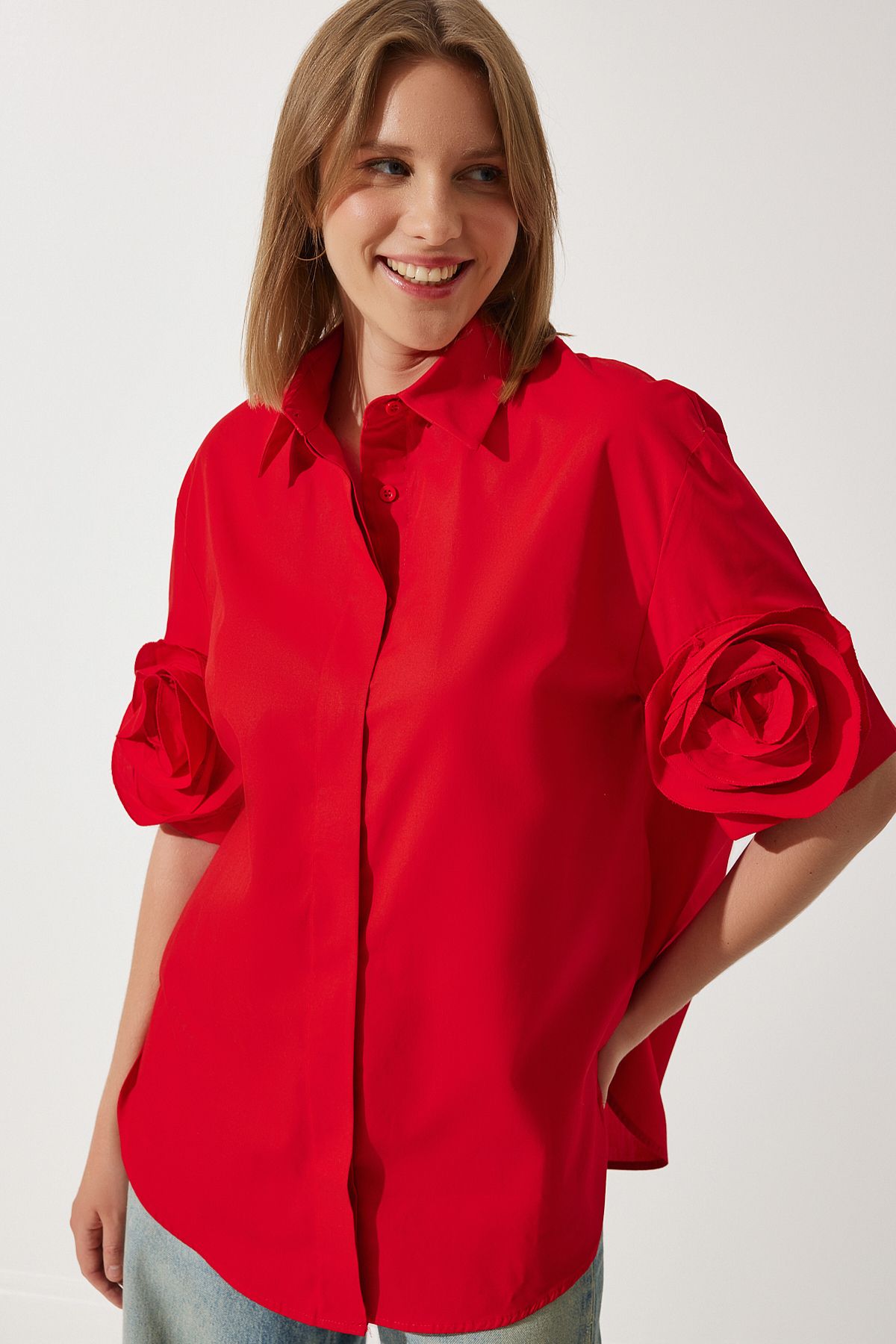 Woman Red Rose Accessory Oversize Design Cotton Premium Shirt FK00008