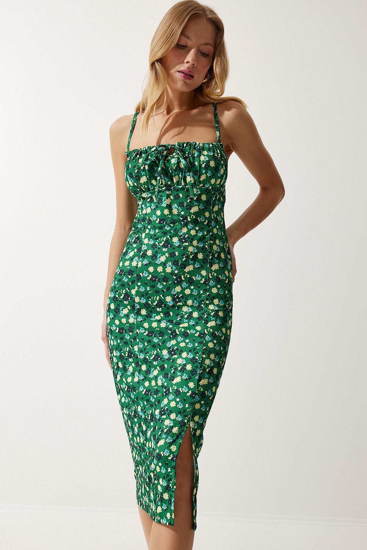 Female Green Yellow Flower Sweting Summer Knitting Dress CI00029