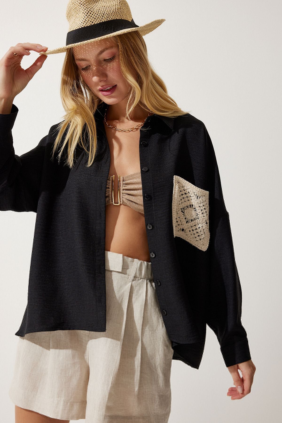 Female black lace detailed linen shirt tp00018