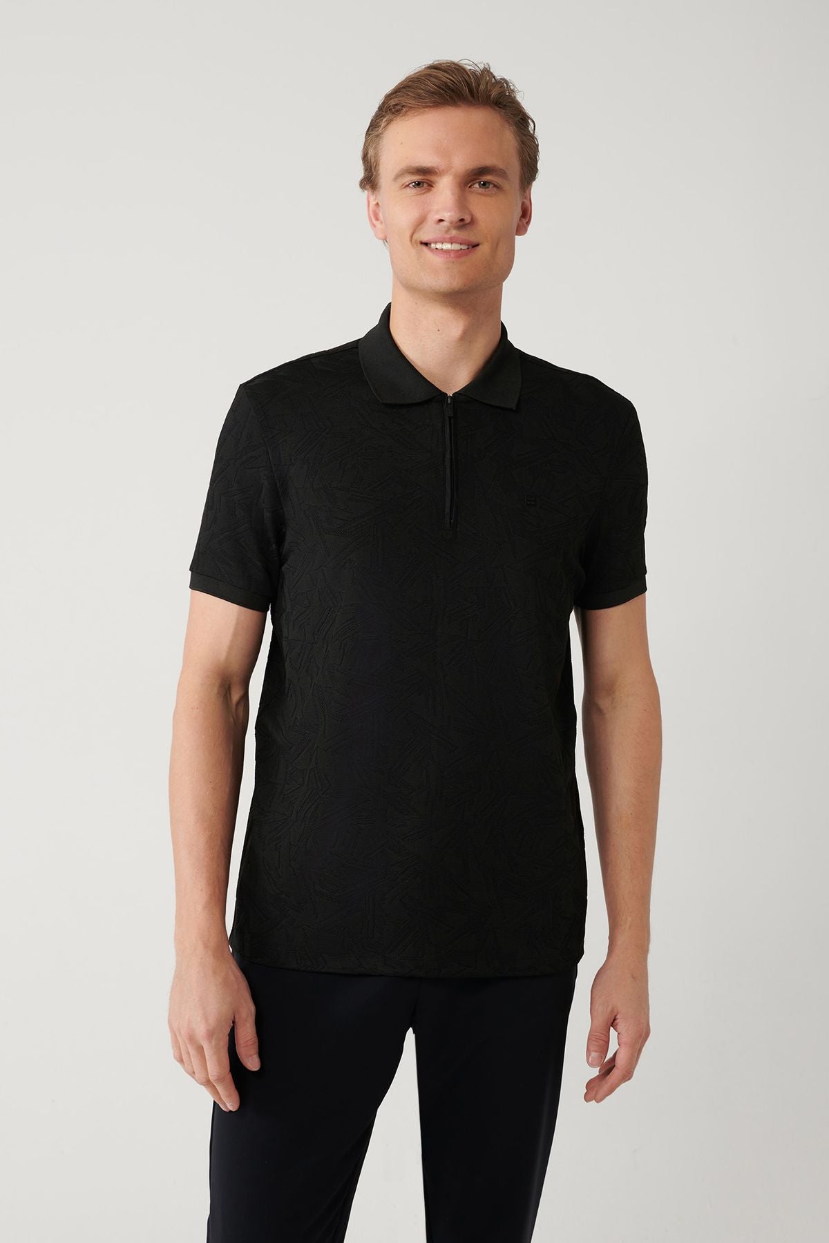 Men's Black Zipper Jacquard Polo Yaka T-shirt A41y1118