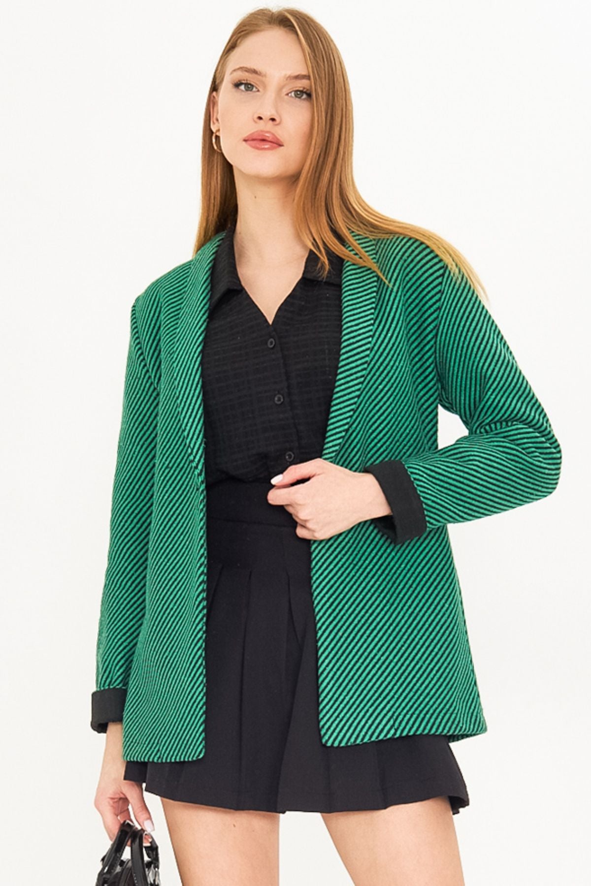 Folding Green Green Striped Lend Folding Single button Stamp Jacket ARM-25K001106