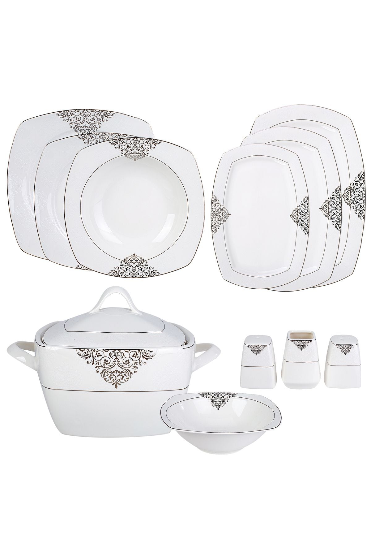 New Yasemin Porcelain 60 Pieces 12 People Half Square Dinner Set Platinum