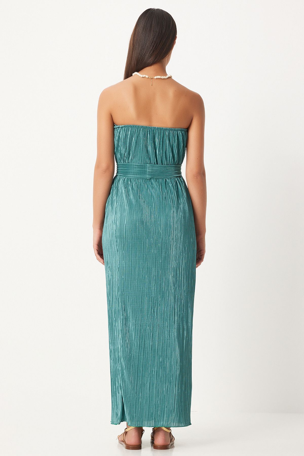 Women's Cagla Green Strapless Born Pilicated Dress FN03237