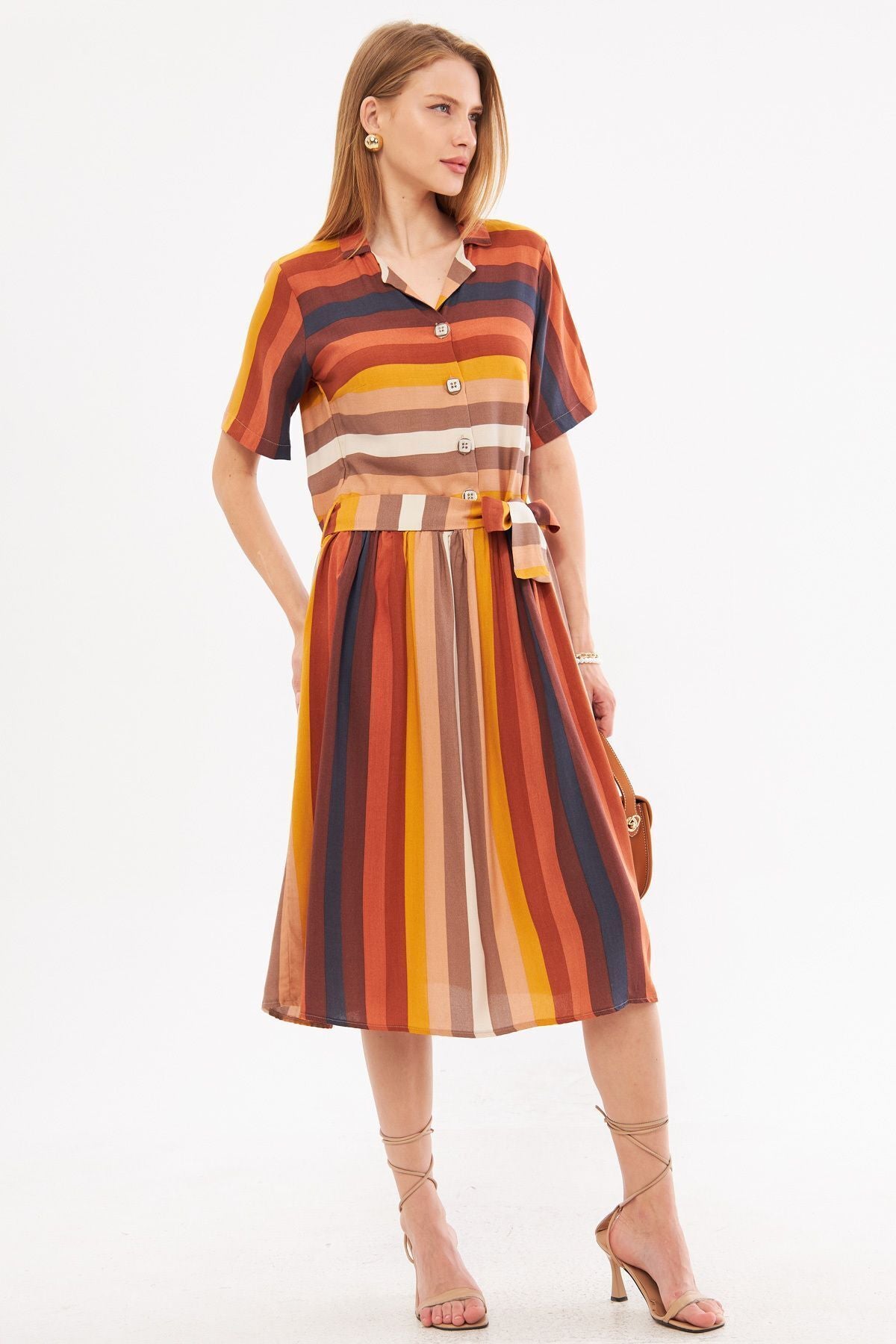 Female colorful front buttoned waist shirred belt midi size dress ARM-24Y001068