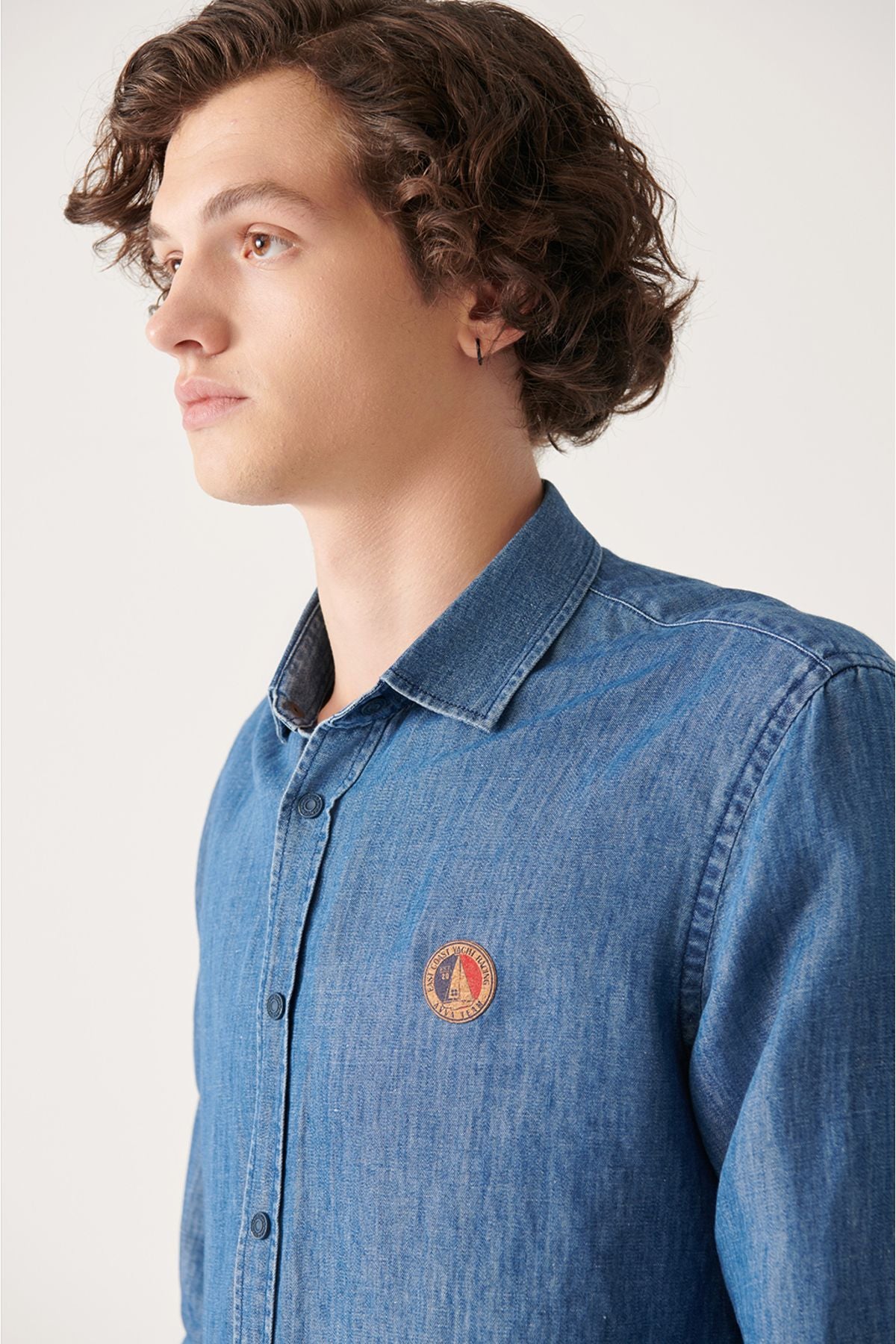Men's Blue Cotton Snap Marine Printed Denim Shirt A31y2224