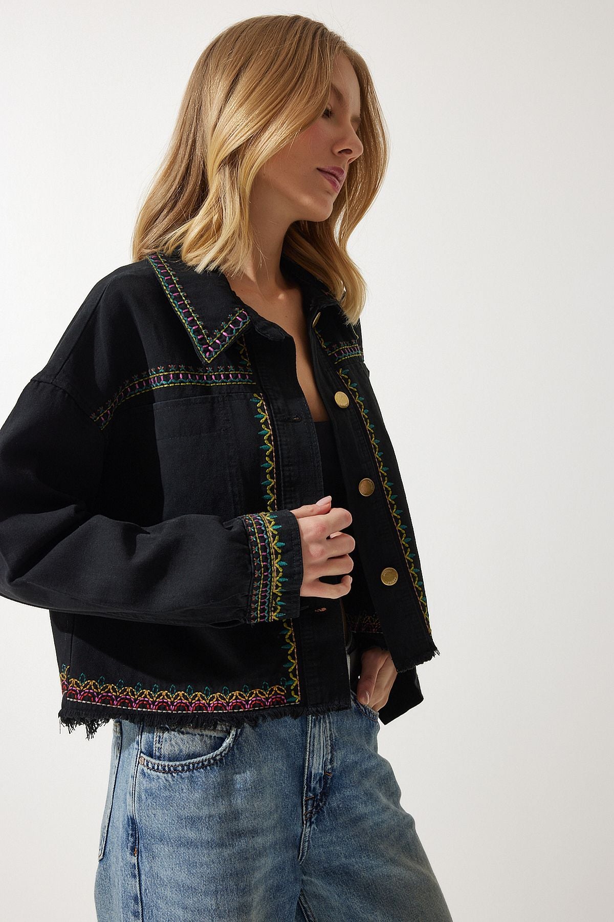 Female Black Embroidered Tassel Oversize denim jacket sa00018