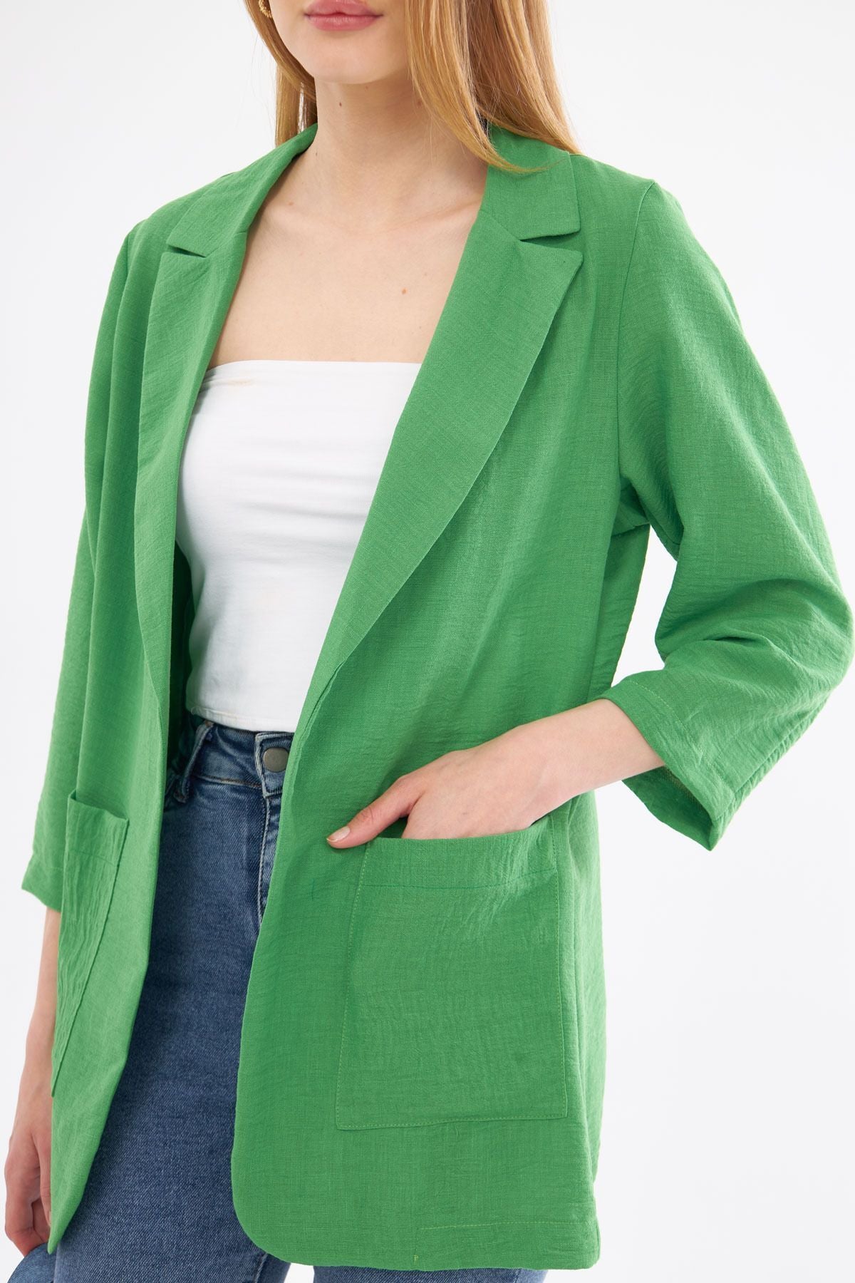 Female green linen-looking pocket overwheeling jacket ARM-24Y001065
