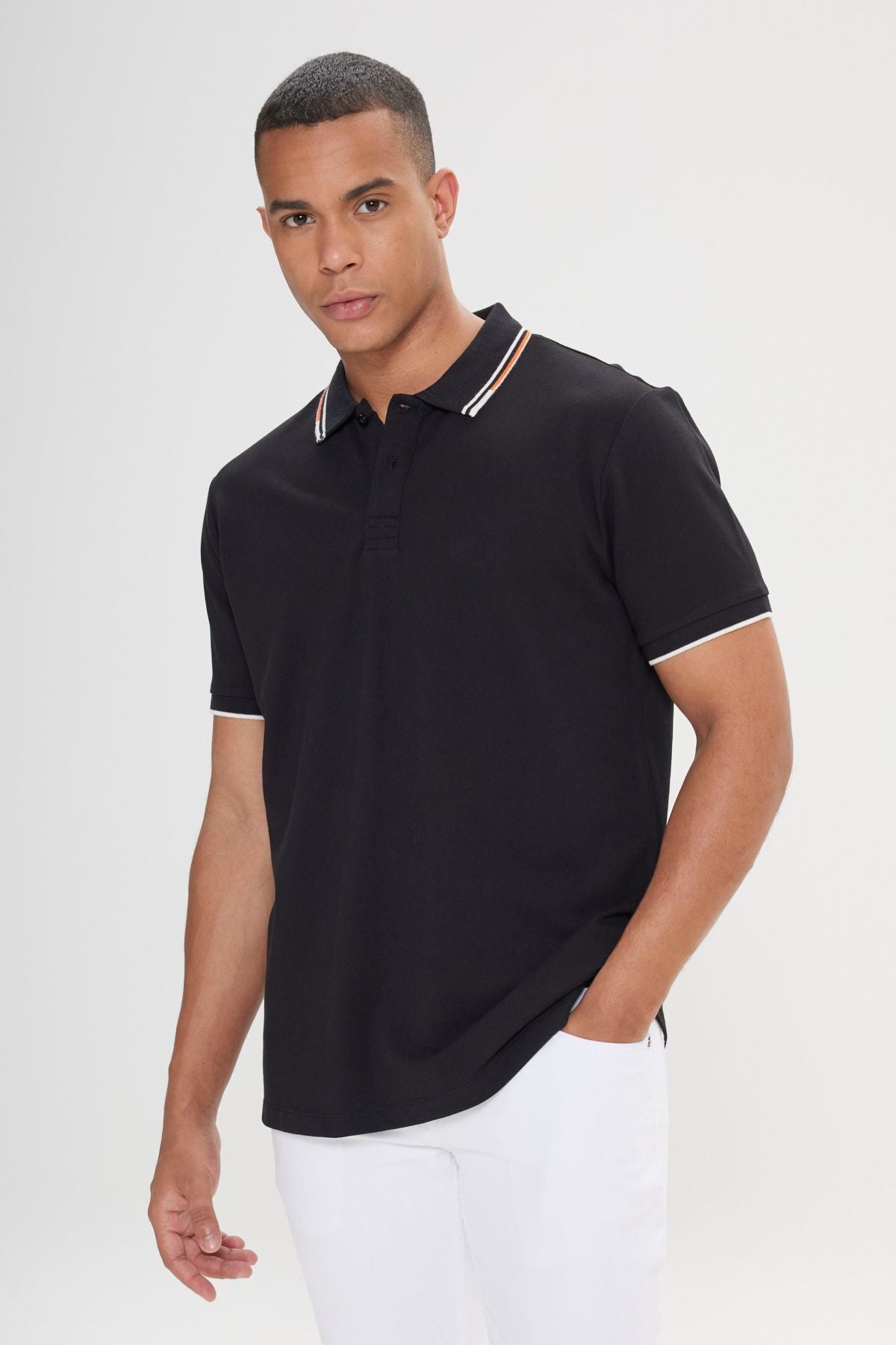 Men's black slim fit narrow cut 100 %cotton Polo collar T -shirt