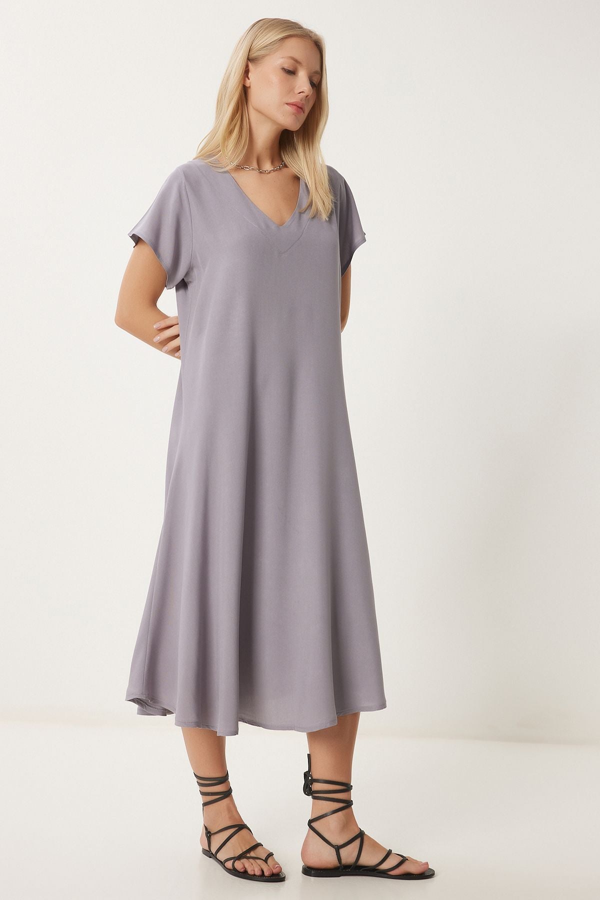 Women's Gray V -Neck Summer Casting Viscose Dress EN00612