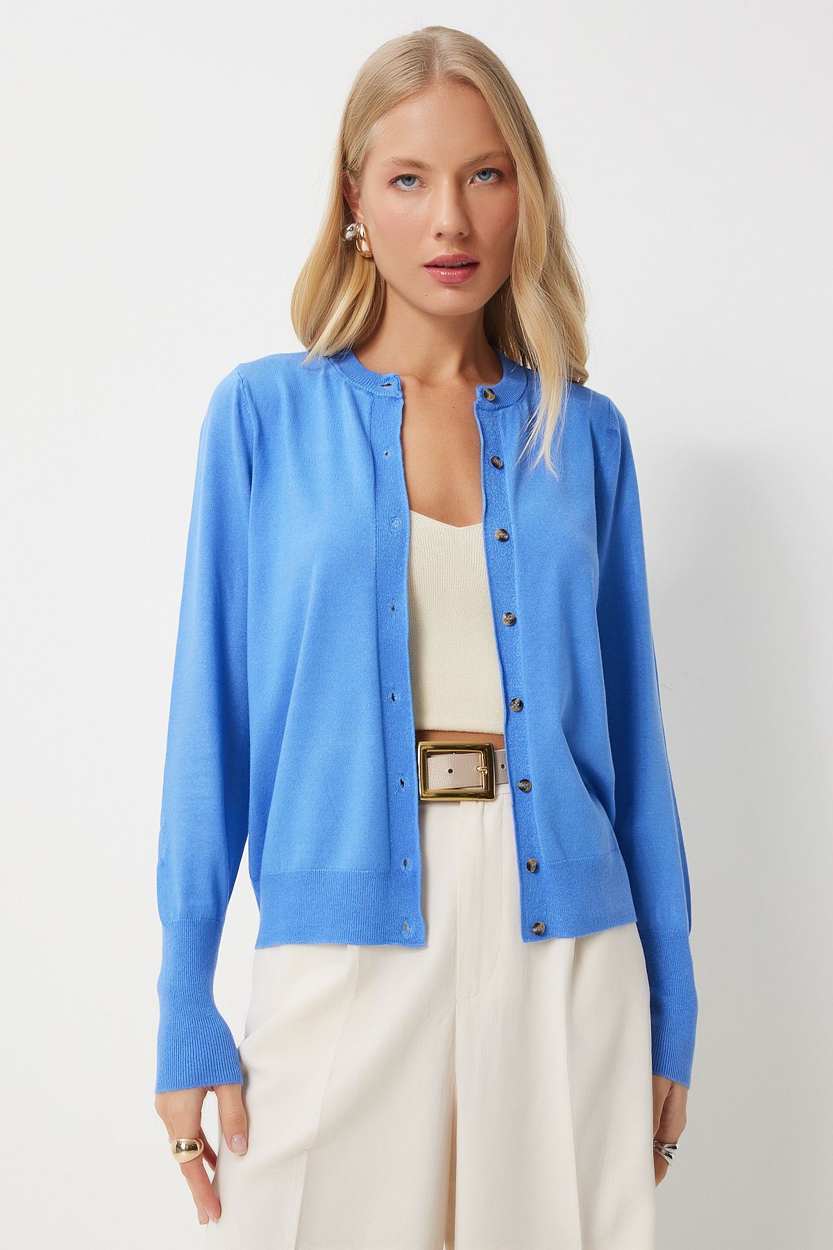 Woman Blue Soft textured seasonal knitwear cardigan kl00008