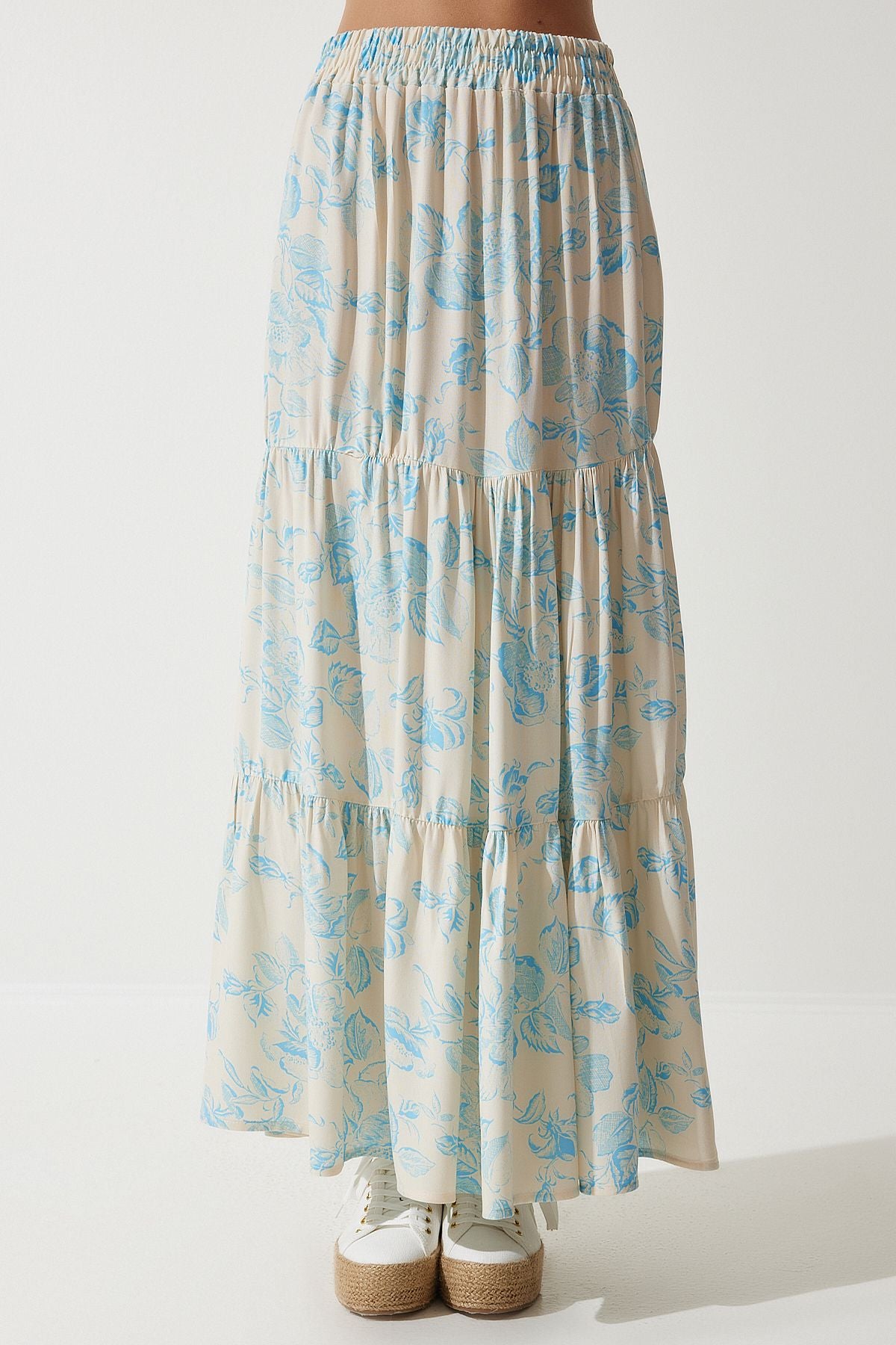 Women's Cream Blue Flower Patterned Volan viscose skirt DD01310
