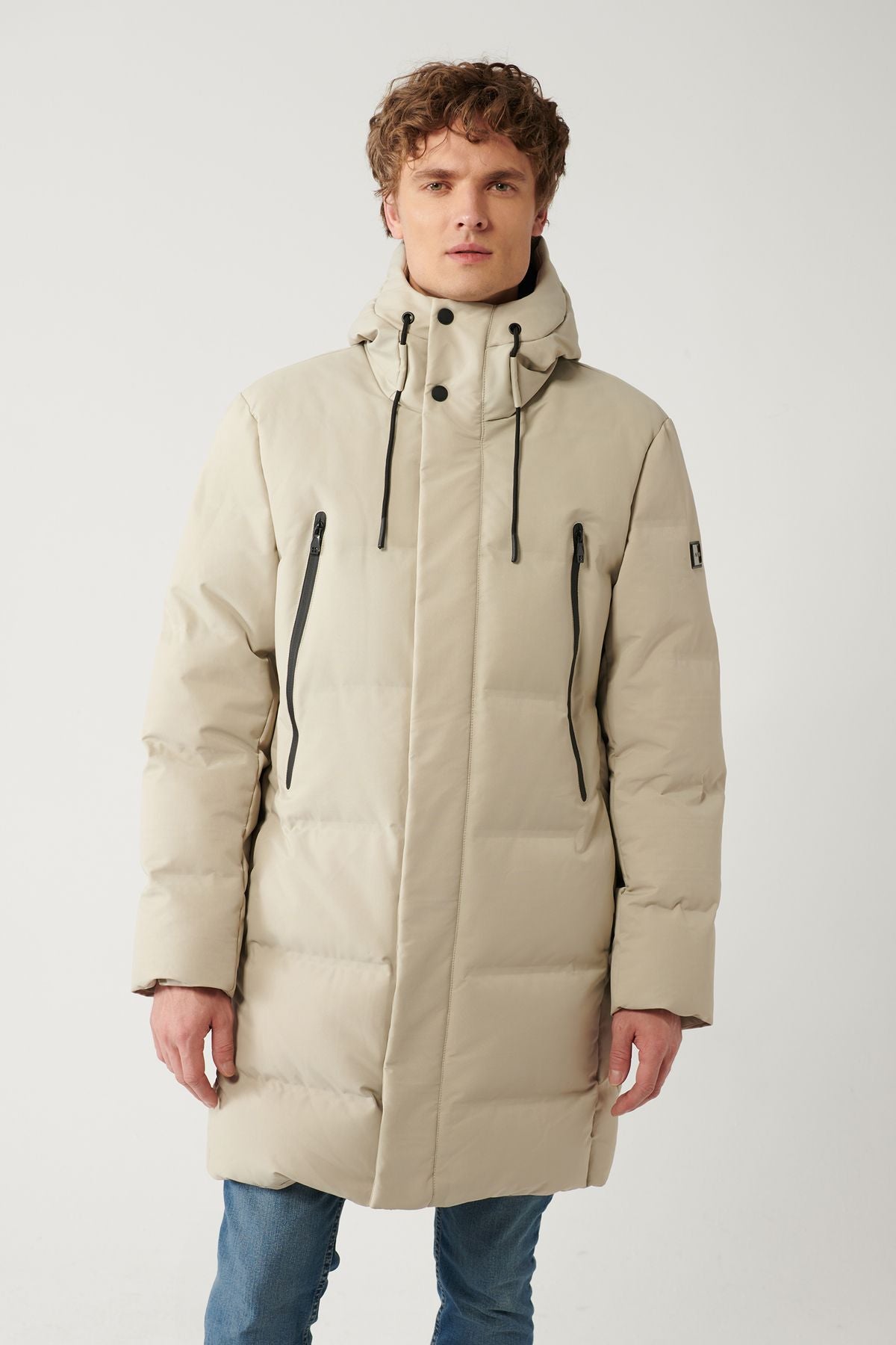 Men's Beige Hooded Goose Feathery Water Driving Long Coat Coat A32Y6047
