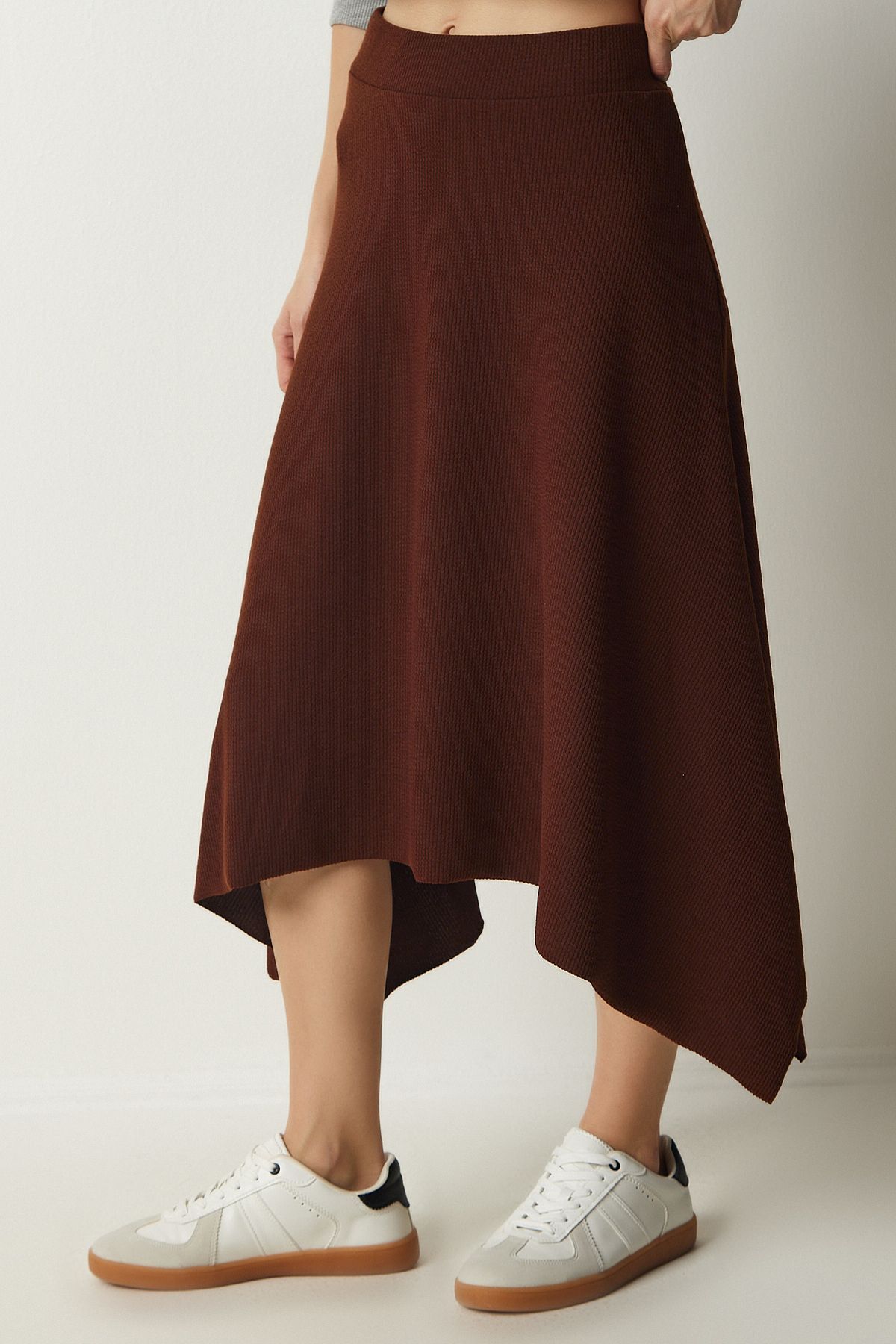 Female brown asymmetrical cut wick knitted skirt MC00227