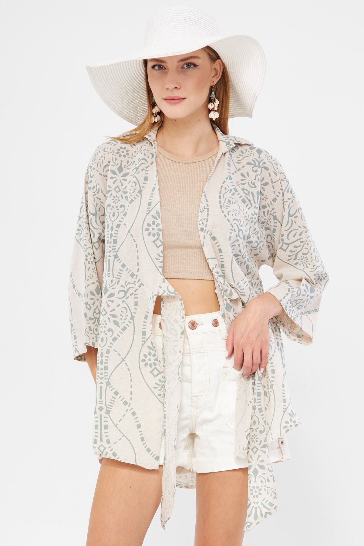 Female turquoise patterned linen-looking front-binding kimono shirt ARM-24Y001079
